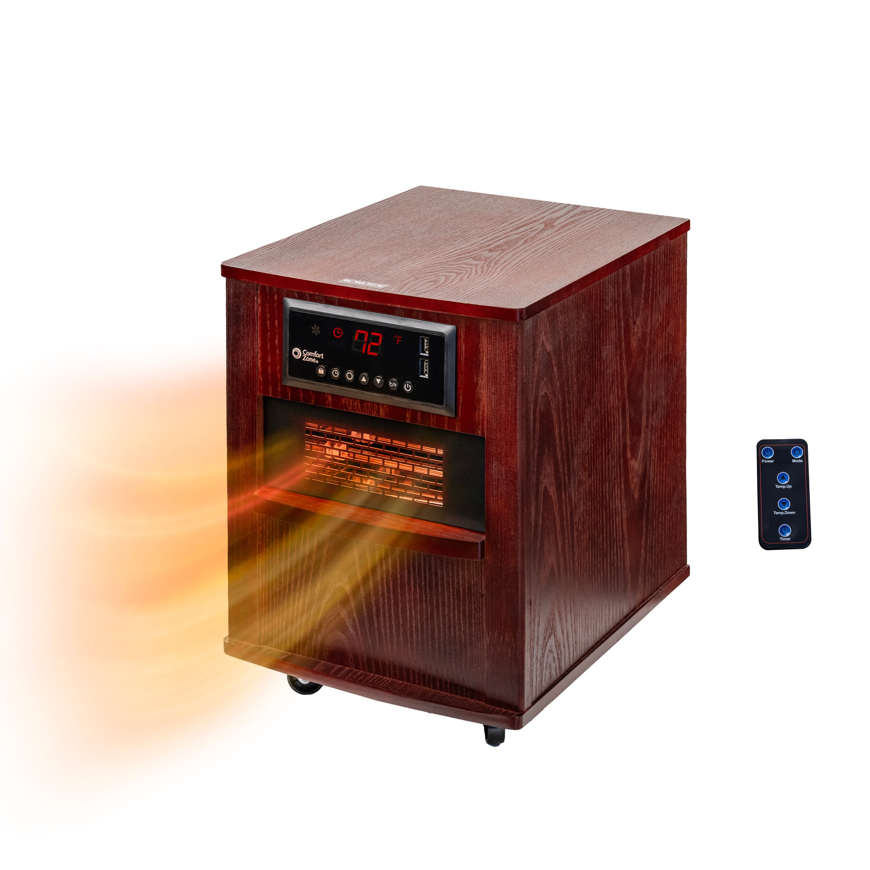 Comfort Zone infrared wood-cabinet heater in Cherry finish, SKU 125258, with remote.
