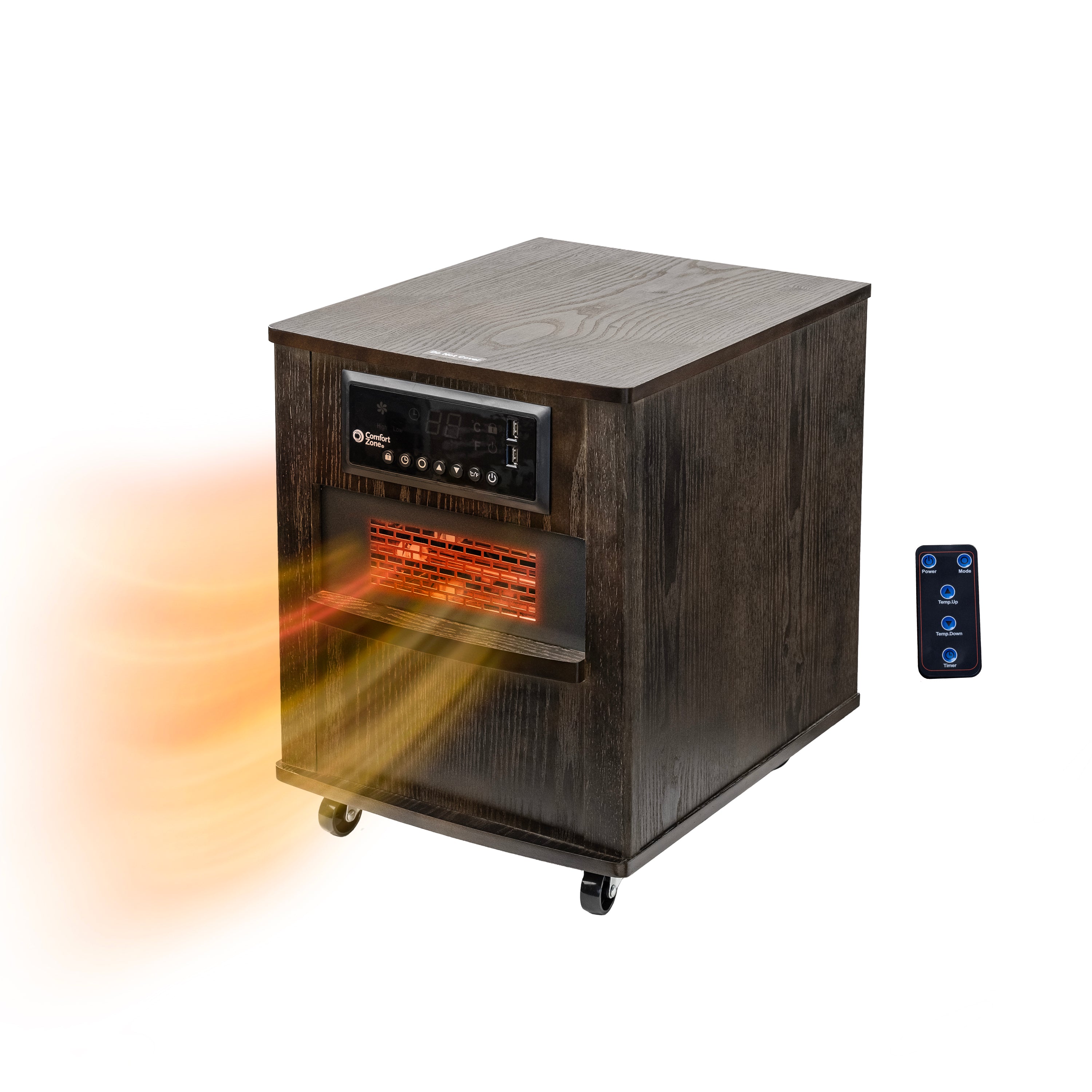 Comfort Zone infrared cabinet heater, Walnut SKU 125260, with remote control