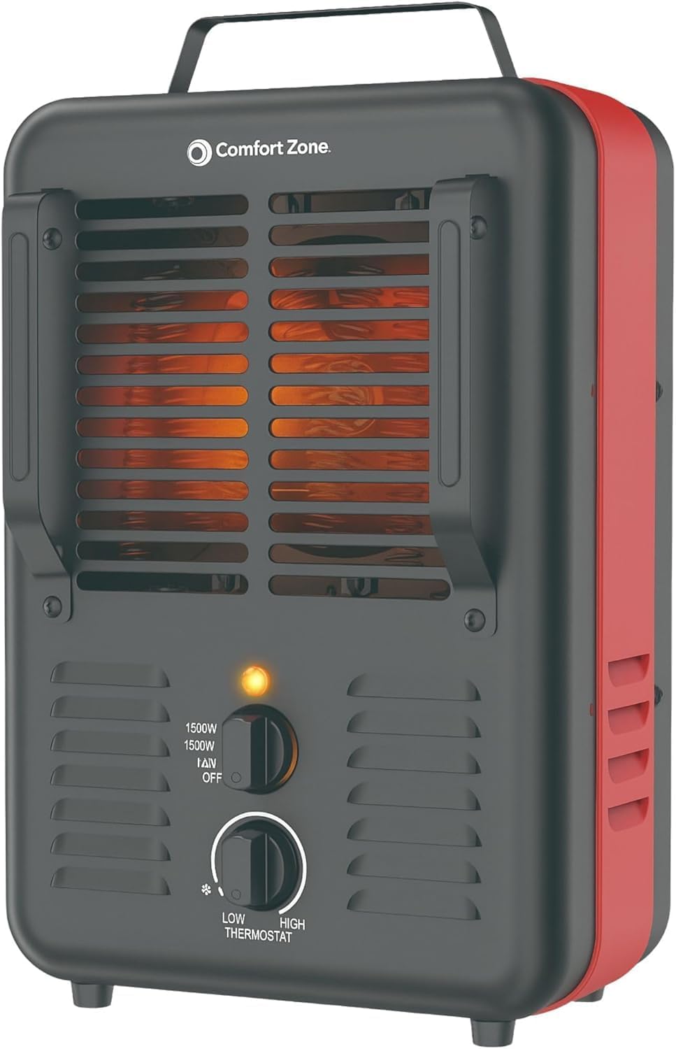 Comfort Zone CZ12146 milkhouse-style heater shown in the manufacturer gallery with gray housing, red side panels, a carry handle and two rotary controls