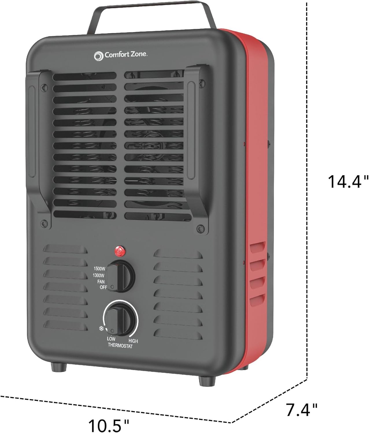 Manufacturer dimensions graphic showing 14.4 in high, 10.5 in wide and 7.4 in deep.