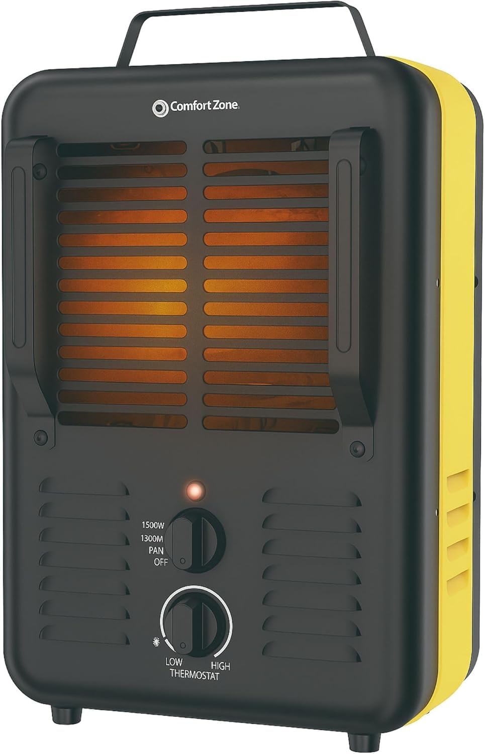 Comfort Zone CZ12150 manufacturer image showing its gray body, yellow side panels, carry handle, Fan/Low/High selector and separate thermostat dial.