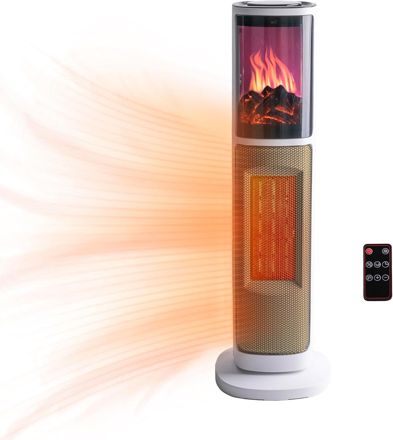 Comfort Zone CZ12806 manufacturer image showing a white tower heater with a 3D flame display and remote