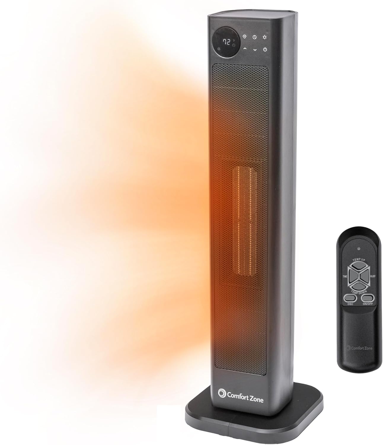 Comfort Zone CZ12809 manufacturer image showing a dark digital tower heater and its remote control