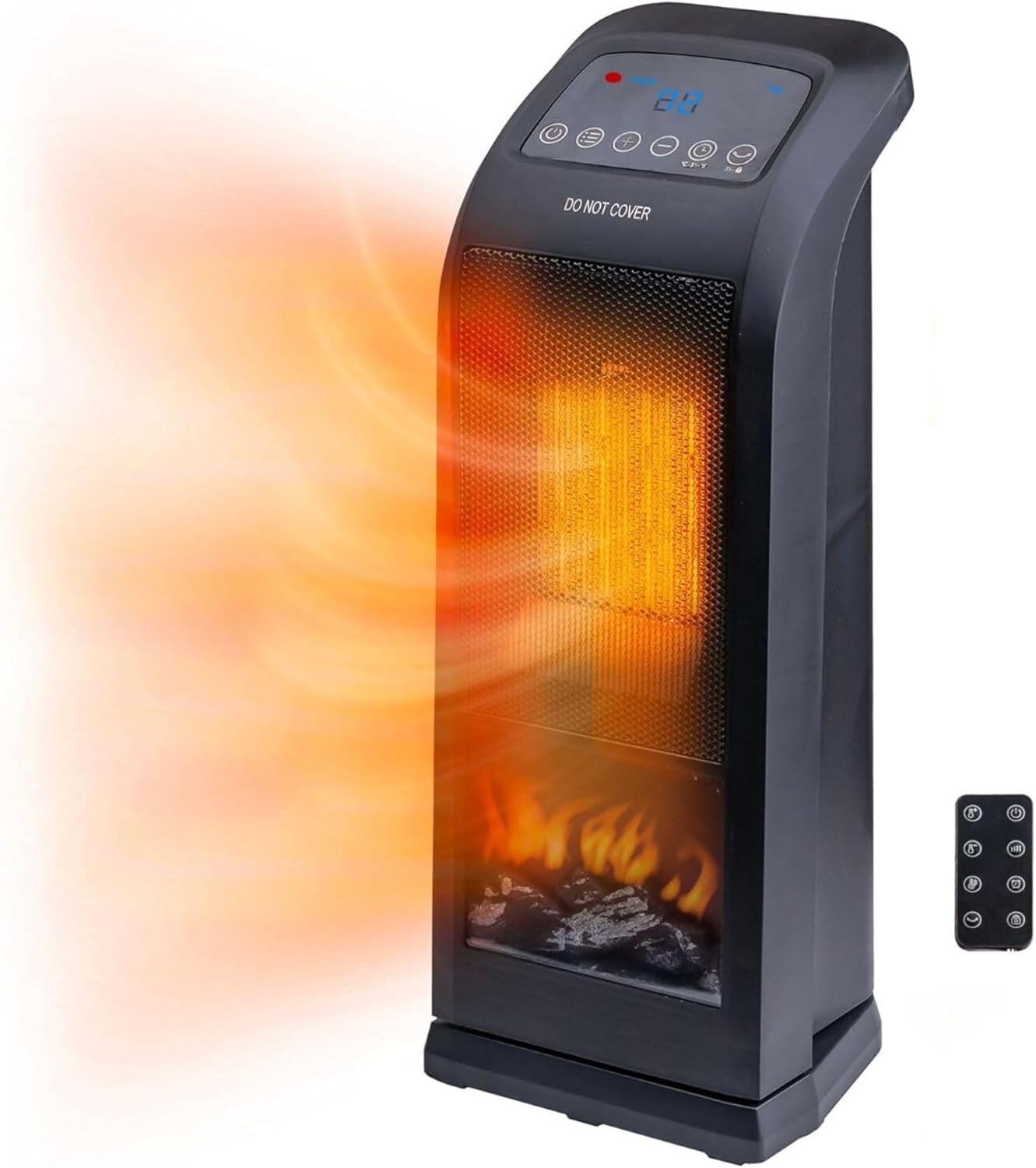 Comfort Zone CZ12823 manufacturer image showing its tower heater with a 3D flame display and remote