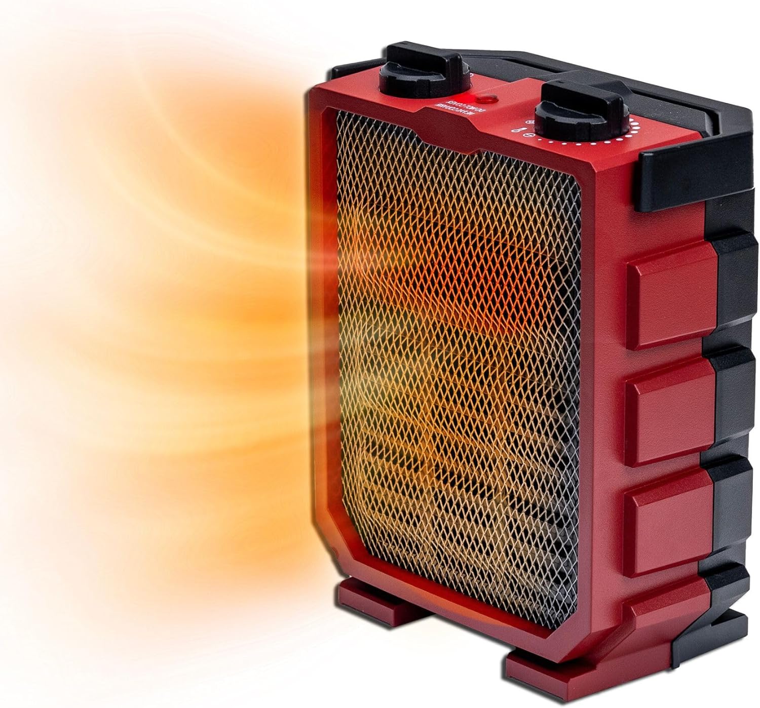 Red-and-black Comfort Zone utility heater with folding carry handle, front grille, feet and two top rotary controls.