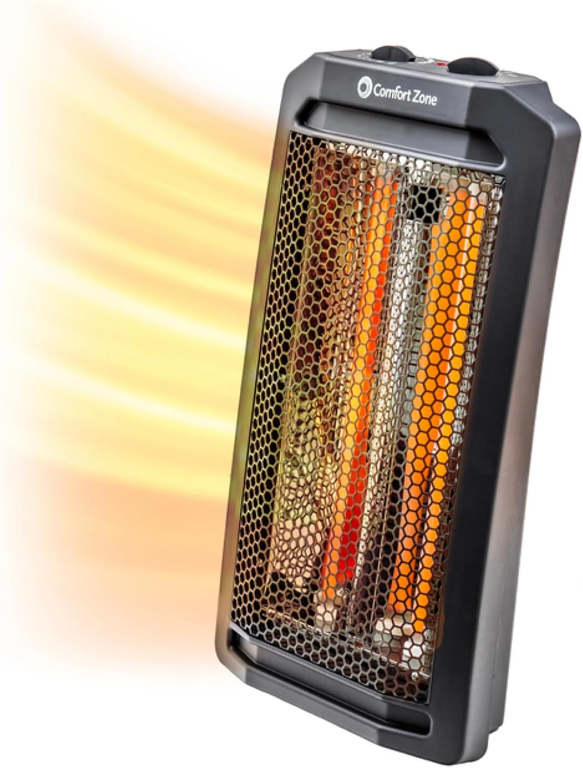 Comfort Zone CZ12828 black tower shown upright from the front with two glowing vertical quartz elements.