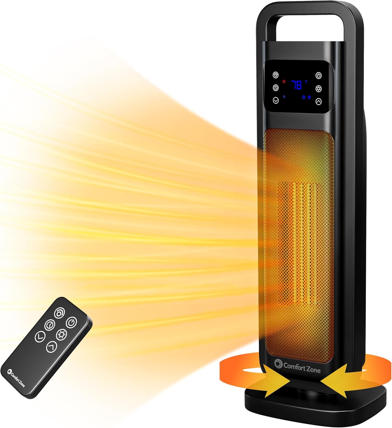 Black Comfort Zone CZ12835 tower heater with integrated handle, digital controls and included remote