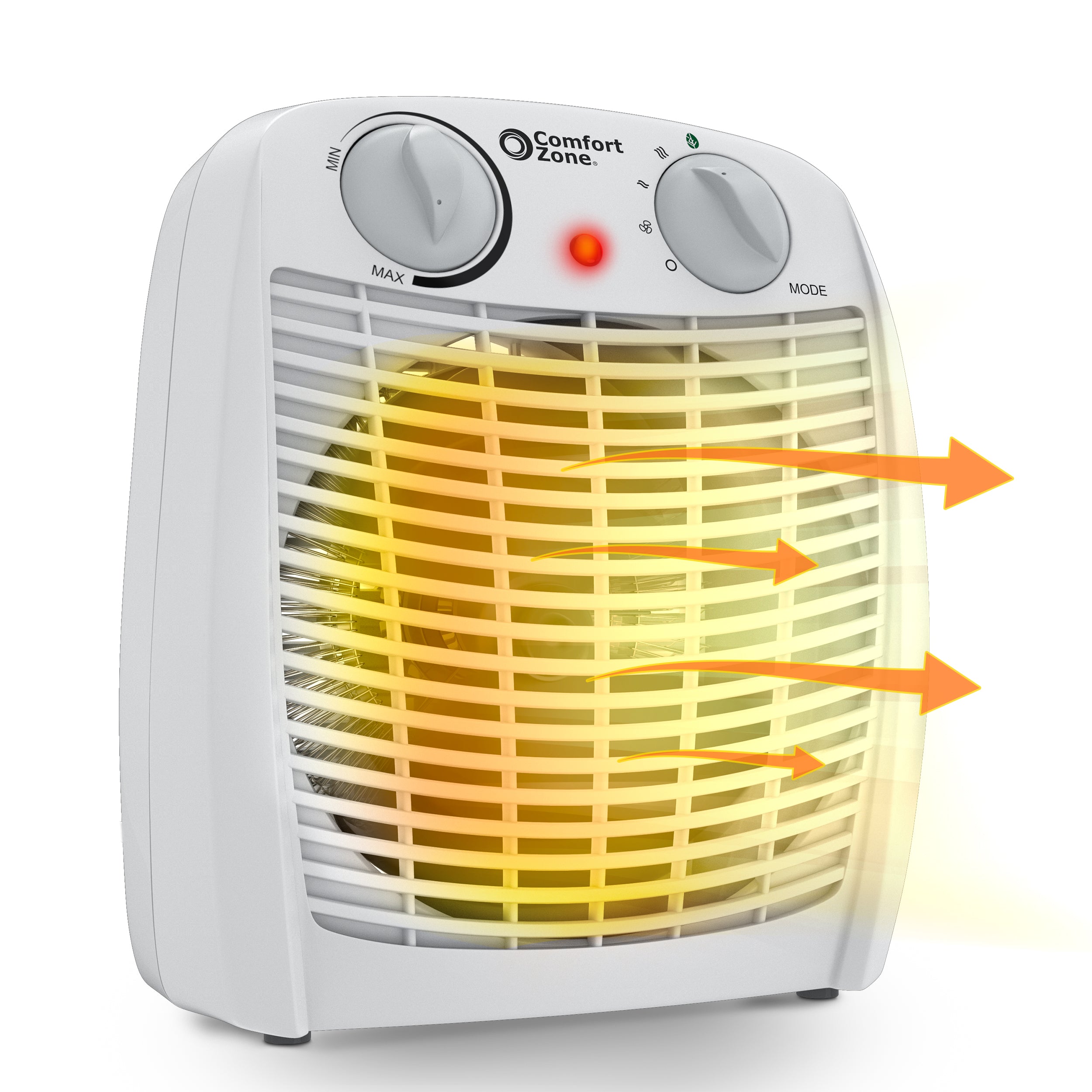 Comfort Zone CZ45E compact heater fan in White, variant SKU 120107, with illustrative airflow arrows