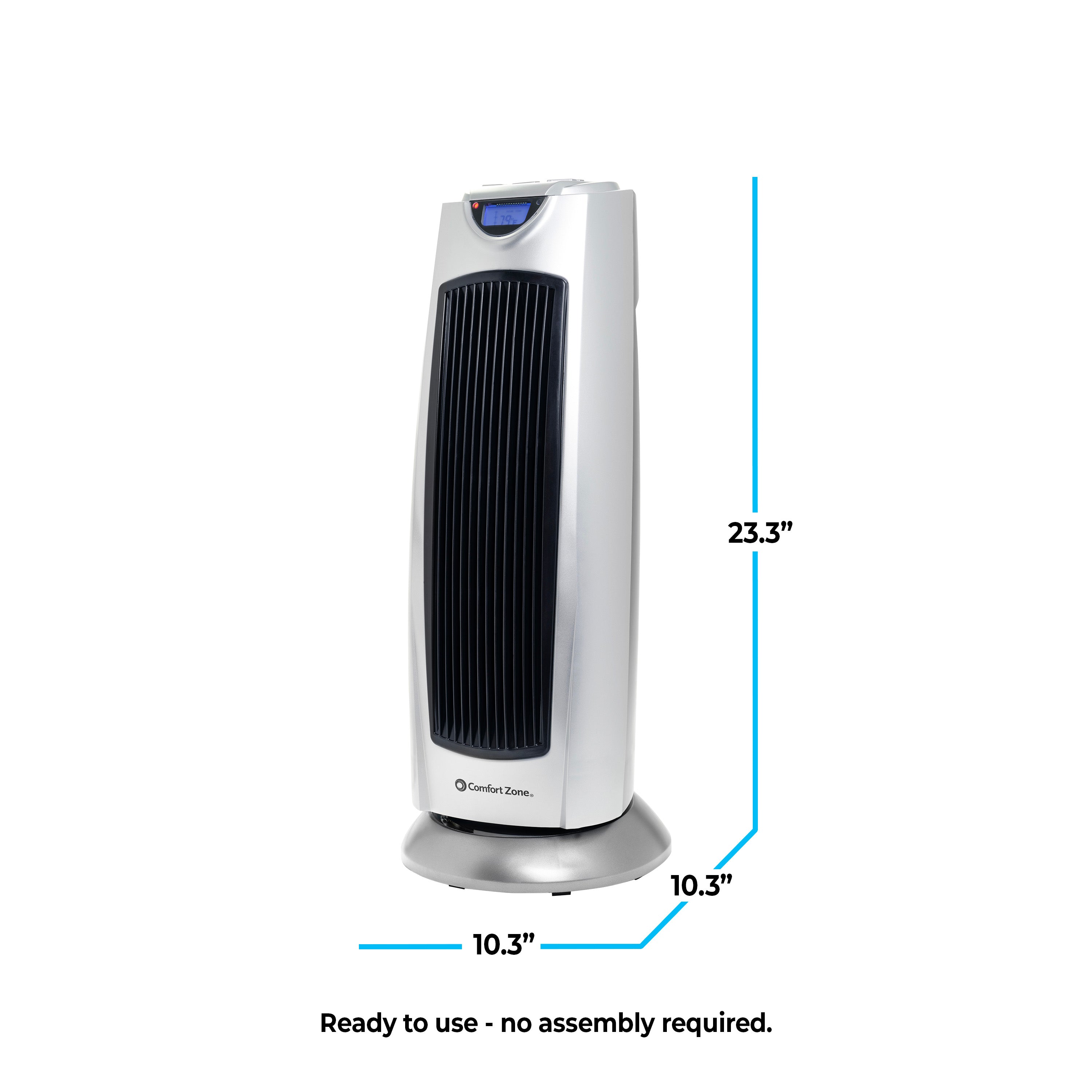 Comfort Zone CZ499R manufacturer dimension graphic showing a 23.3-inch tower and approximately 10.3-inch base