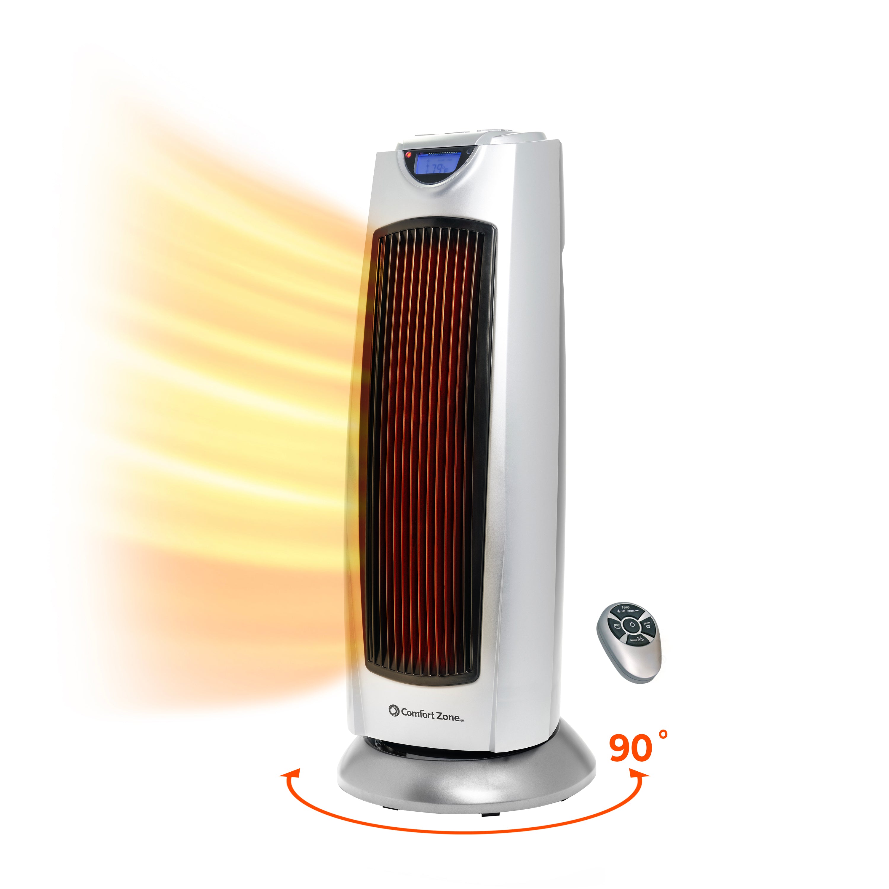 Comfort Zone CZ499R tower heater with remote; manufacturer graphic shows a 90-degree sweep