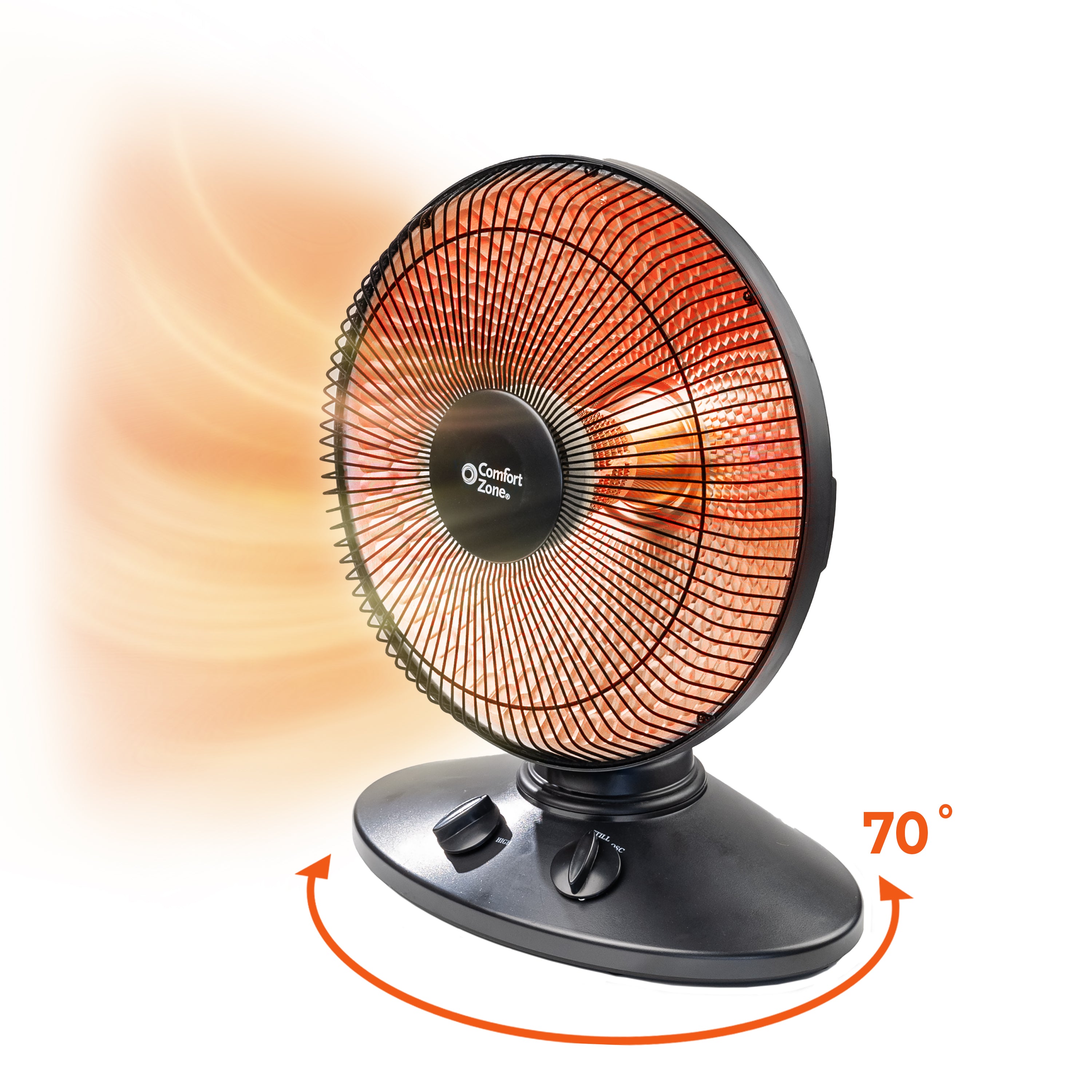 Comfort Zone CZ998 oscillating radiant dish heater, U.S. SKU 125039, front view showing reflector, base controls and 70-degree sweep graphic.