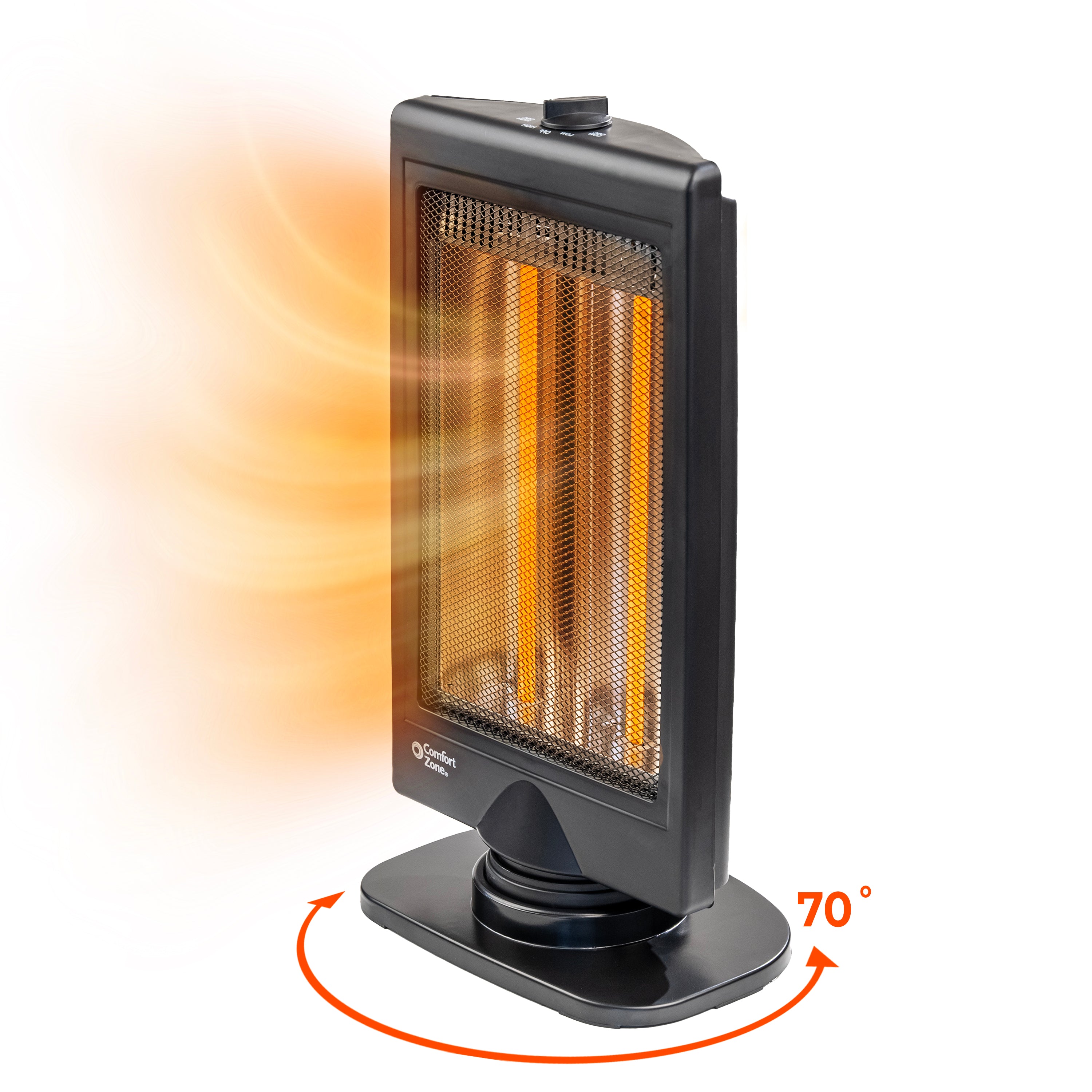 Comfort Zone CZHTV9 flat-panel halogen heater, U.S. SKU 125119, with two vertical tubes behind a front grille and a round oscillating base.