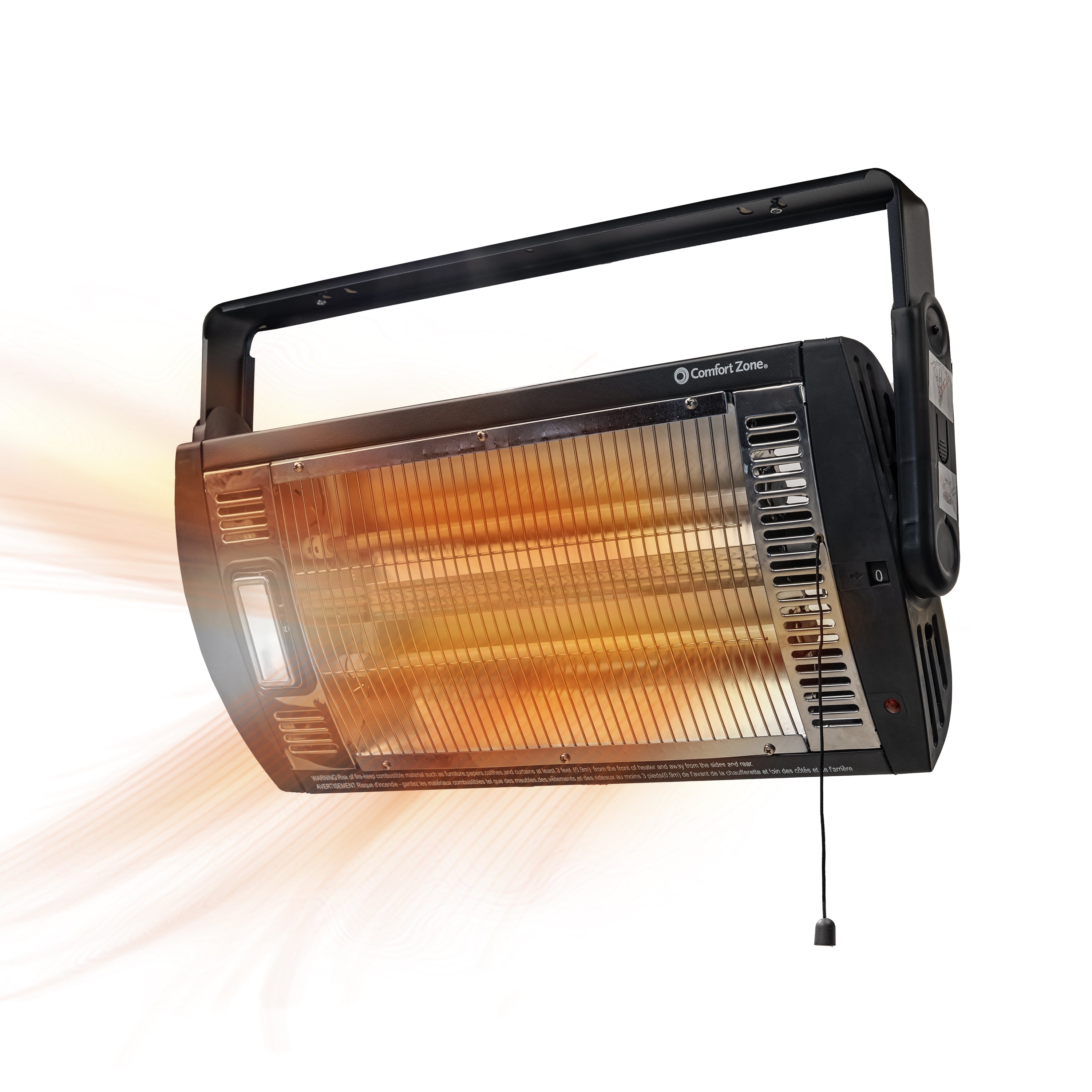 Plafondgemonteerde kwartsstralingskachel van Comfort Zone SKU 125115 met metalen frontrooster, verstelbare beugel en trekkoord