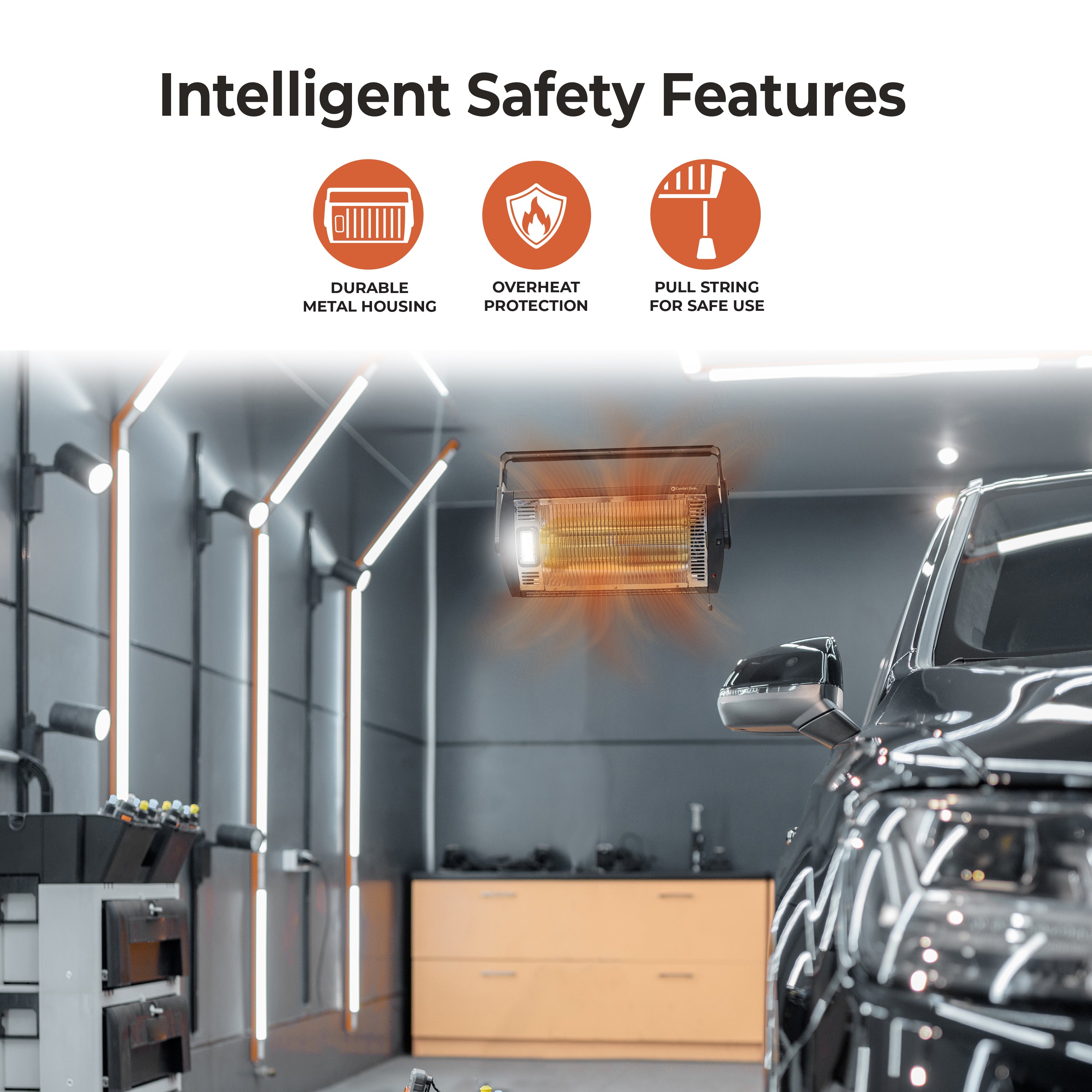 Afbeelding uit de productgalerij van Comfort Zone SKU 125115 met aanduidingen voor de metalen behuizing, oververhittingsbeveiliging en het trekkoord, naast een garagescène