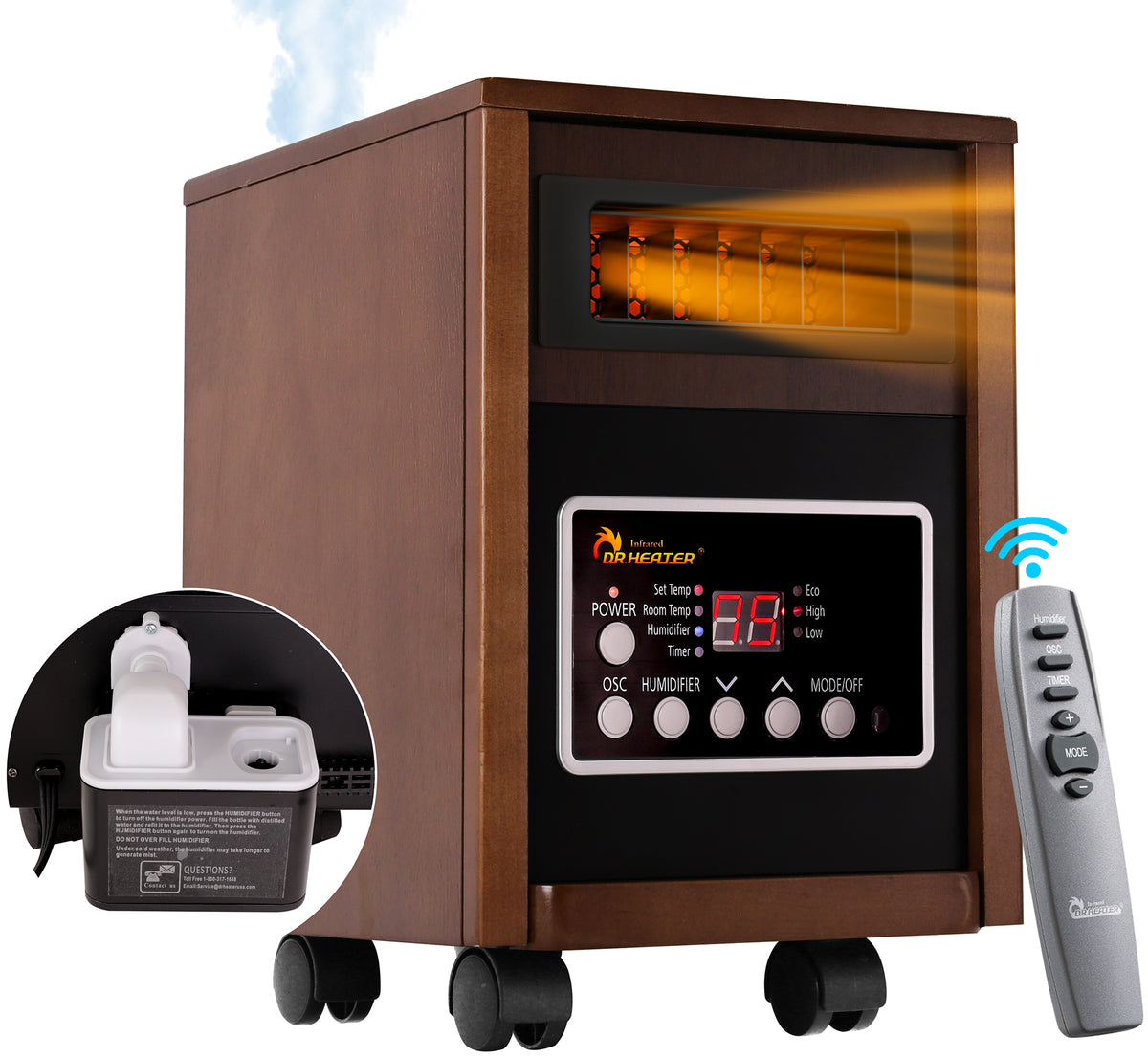 Dr. Infrared DR-998W heater in the manufacturer’s Walnut finish; image origin as photo or rendering is unspecified