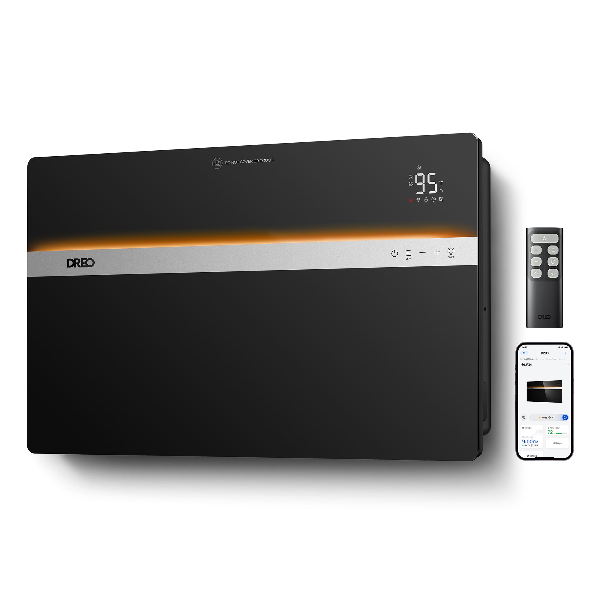 DREO Smart Convection Heater 711S in Black, shown wall-mounted with remote and app