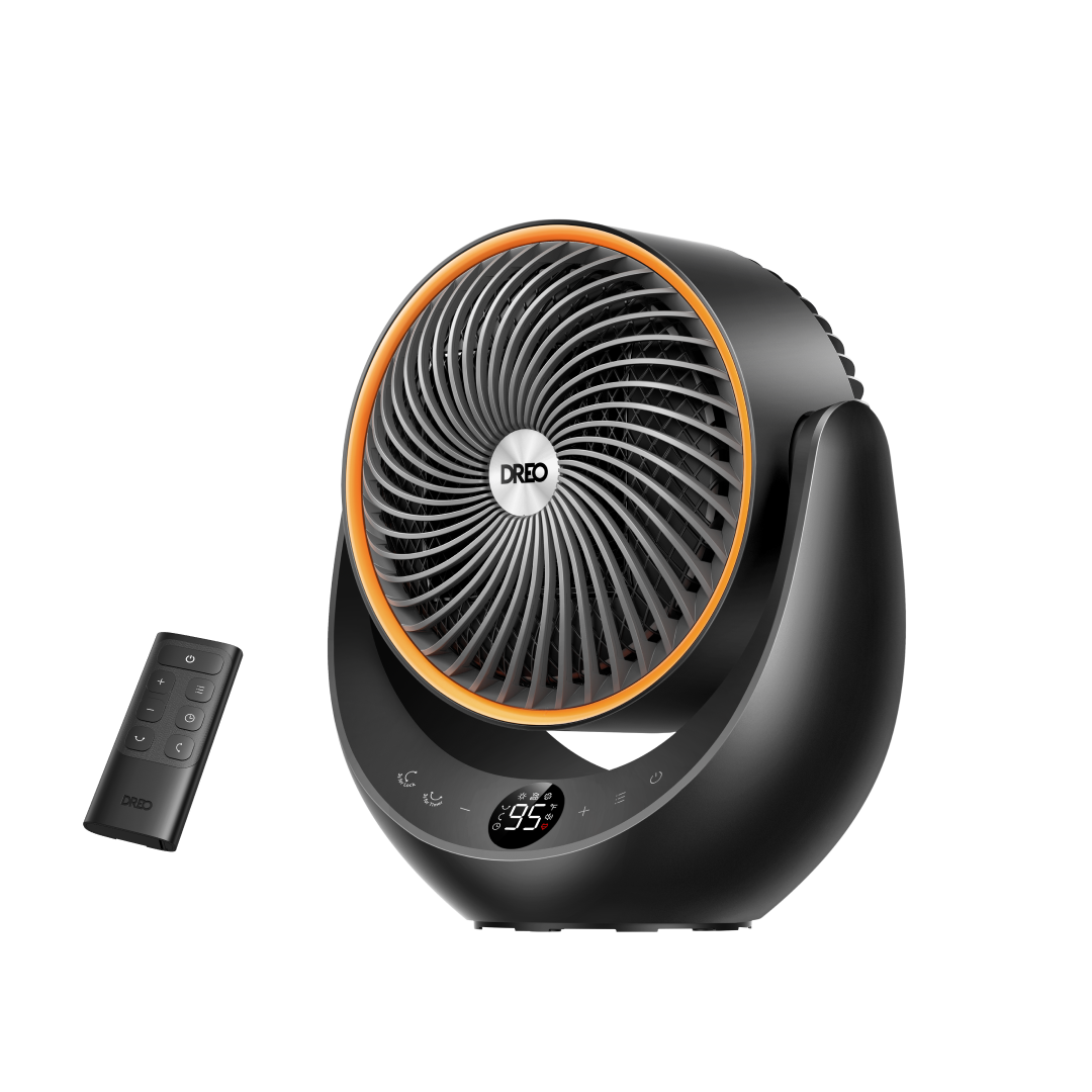 DREO Whole-Room Heater 715 in black with orange front ring and remote