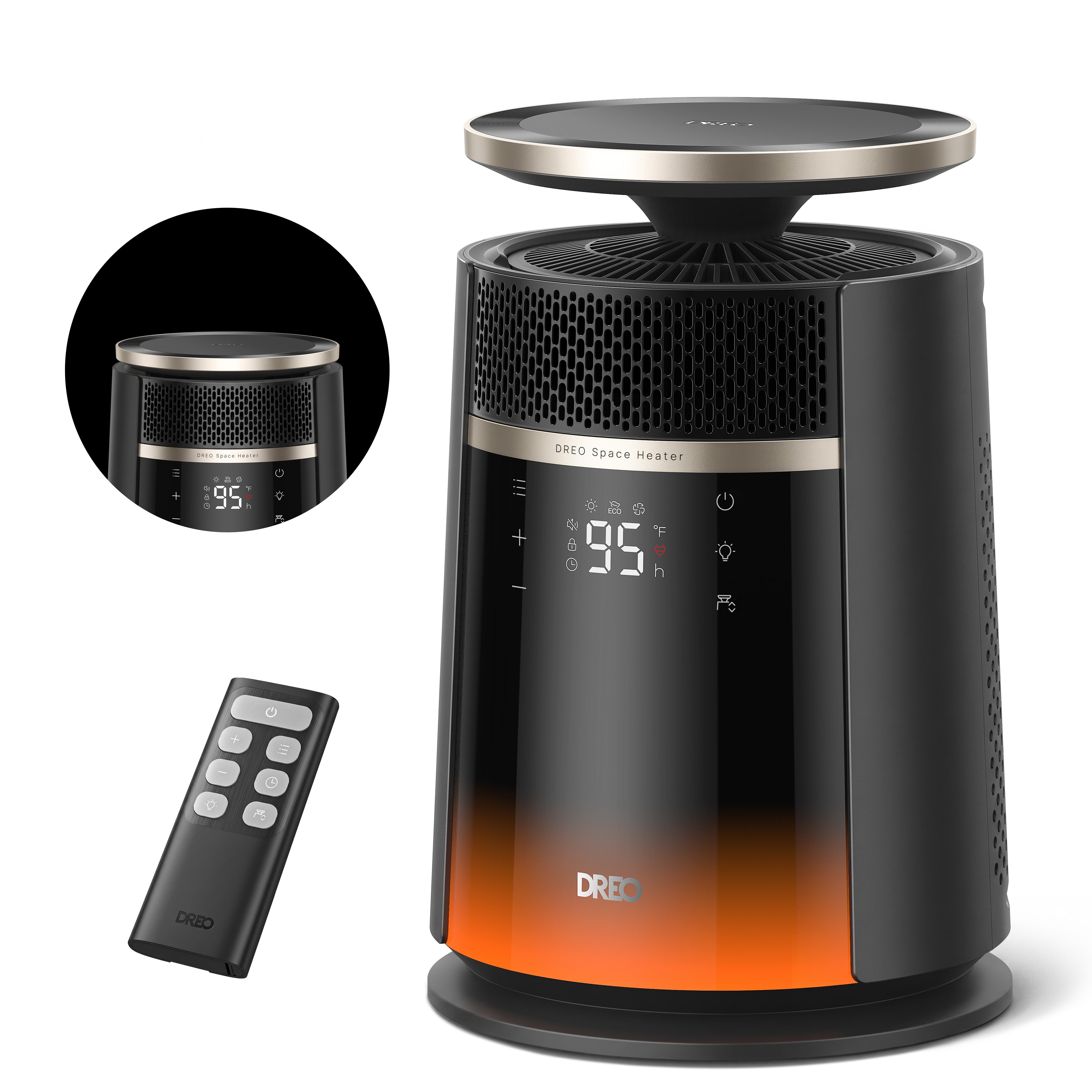 Black DREO Whole-Room Heater 720 showing its lift-and-lower outlet and remote