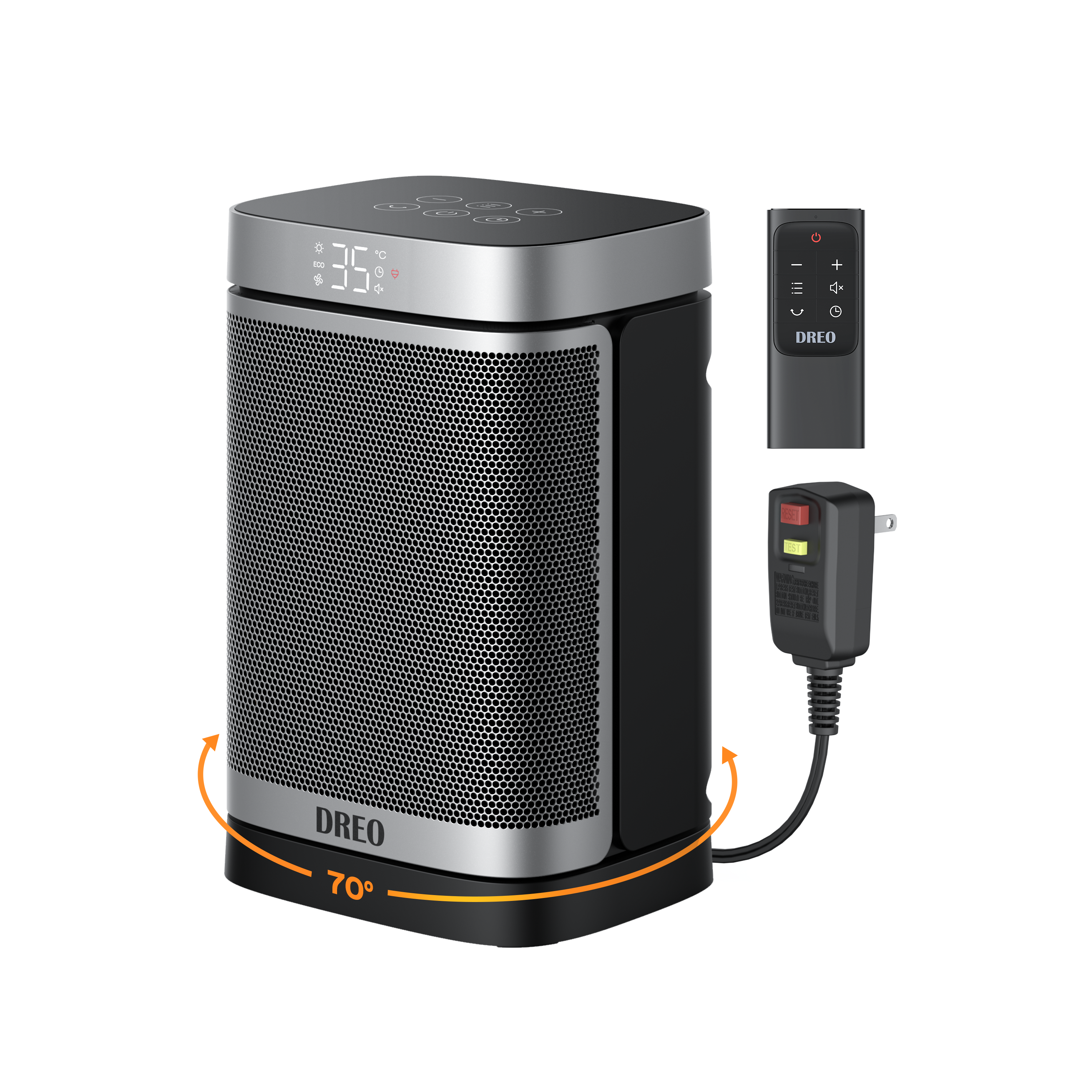 DREO Ceramic Heater 314 (ALCI Plug) in Silver with its ALCI plug and remote