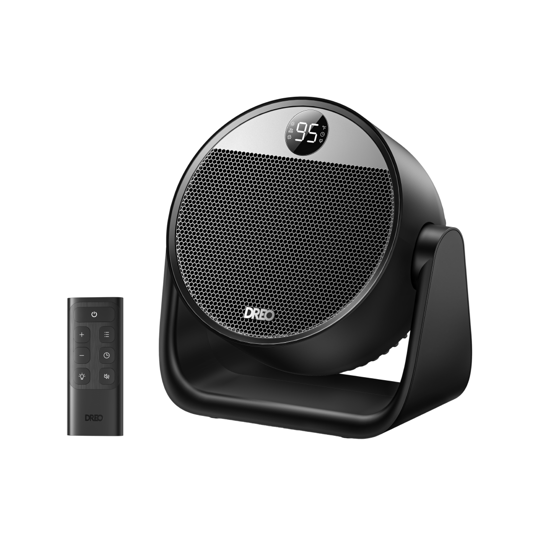 DREO Heater 322 PTC fan heater and remote, shown as the black product configuration