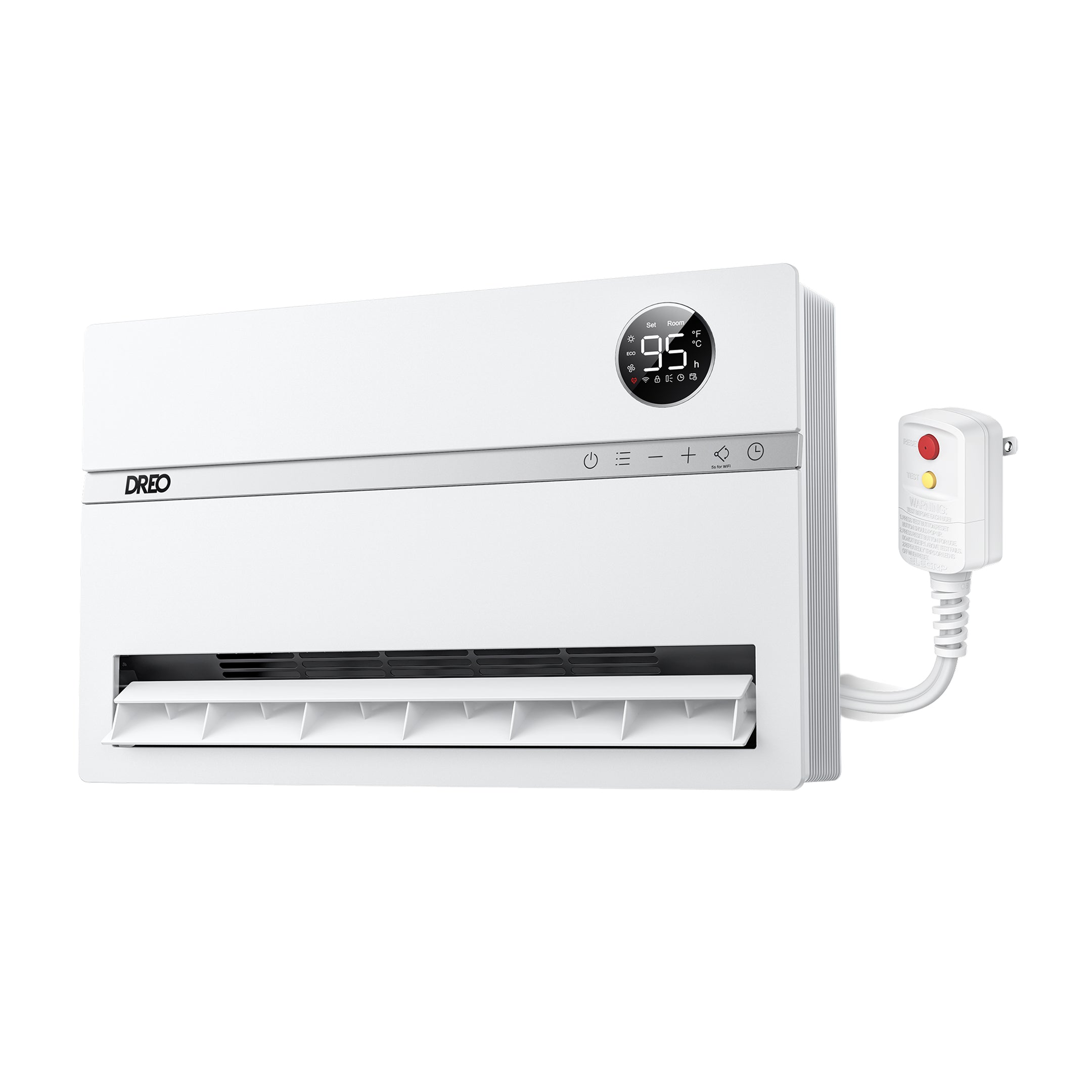 DREO Wall-mounted Heater 739AS in white with its wall-heater outlet grille and cord-mounted ALCI plug