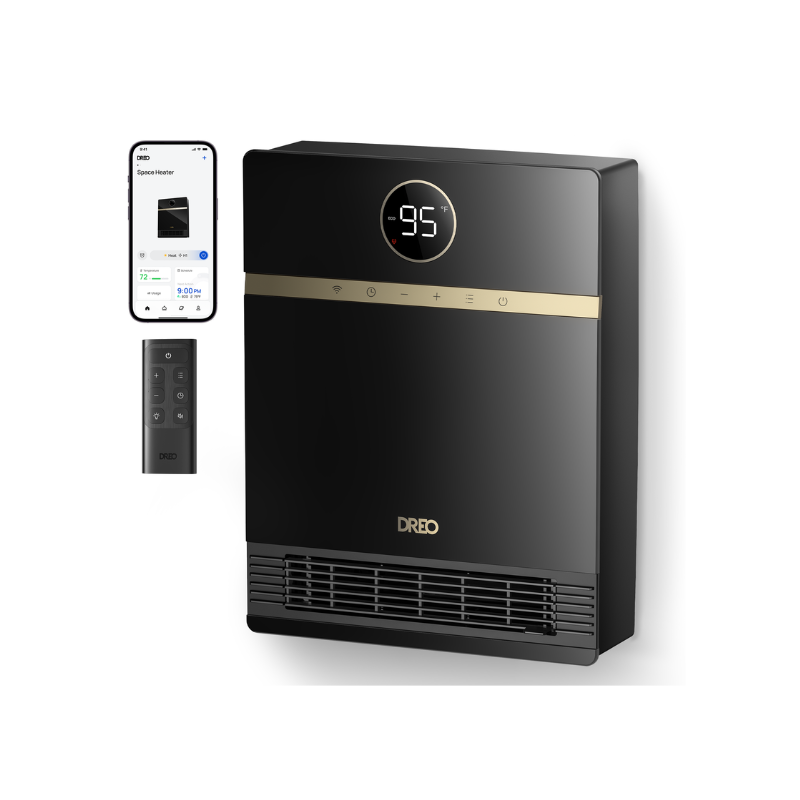 Black DREO Smart Wall-mounted Heater 517S with the included remote and app inset