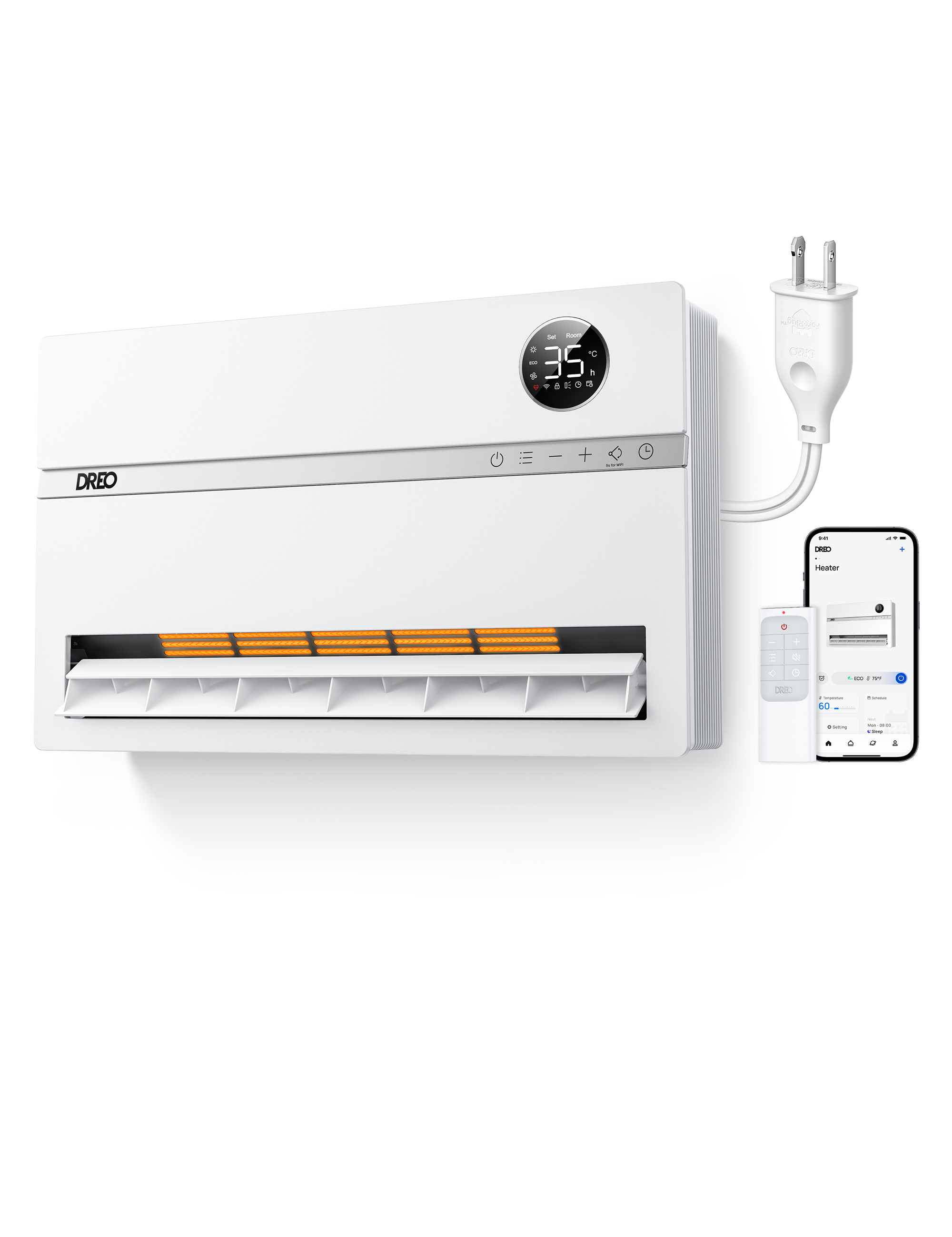 DREO Wall-mounted Heater 729BS shown in white with plug, remote, and app inset