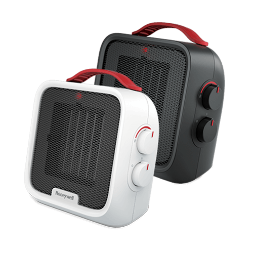 Honeywell UberHeat 5 HCE210 heater shown in black and white finish options.