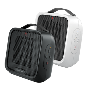 Honeywell UberHeat Plus HCE220 heater shown in black and white finish options.