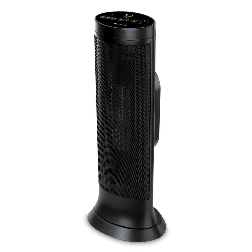 Honeywell HCE317B slim ceramic tower shown from the front, with controls on top.