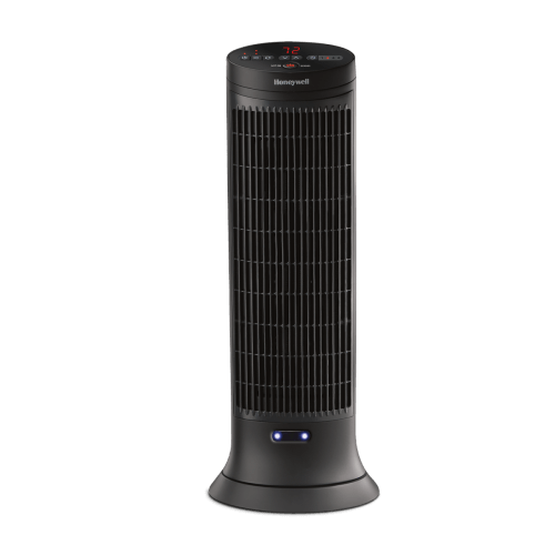 Official Honeywell HCE323V Safeguard motion-sensor ceramic tower heater product-page image.