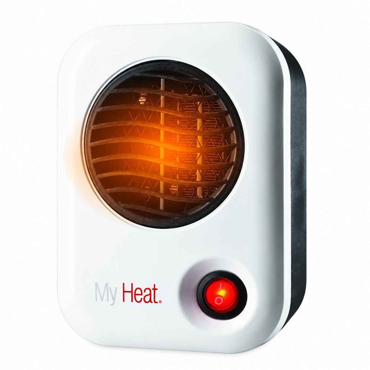 White Lasko MyHeat 101 compact heater with circular front grille and red on/off switch.