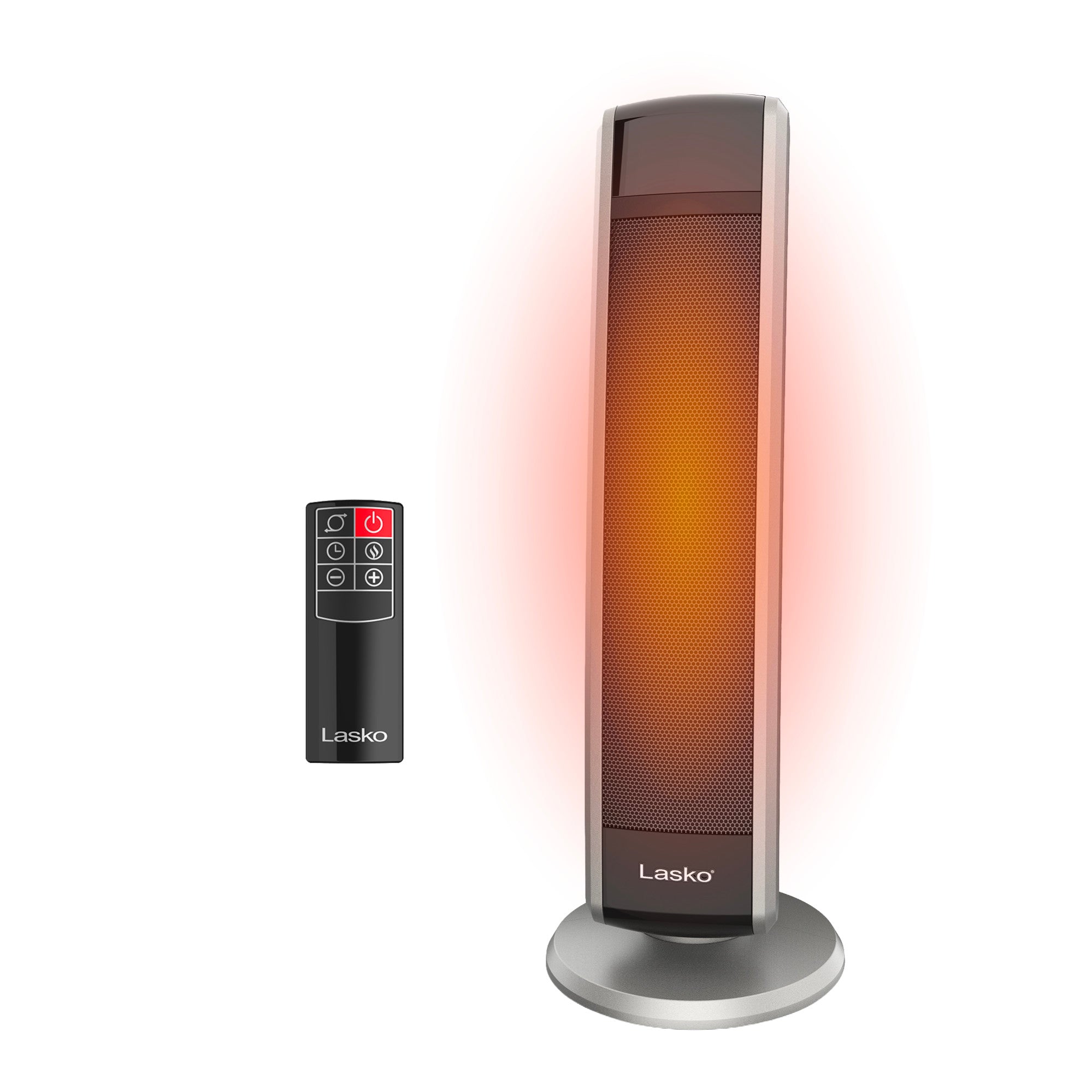 Black and silver Lasko 5586 ceramic tower heater with round base and included remote