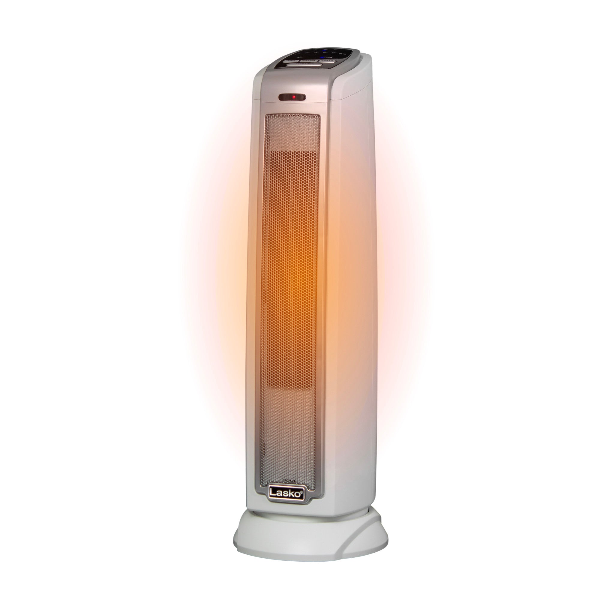White Lasko model 5775 ceramic tower space heater, front view