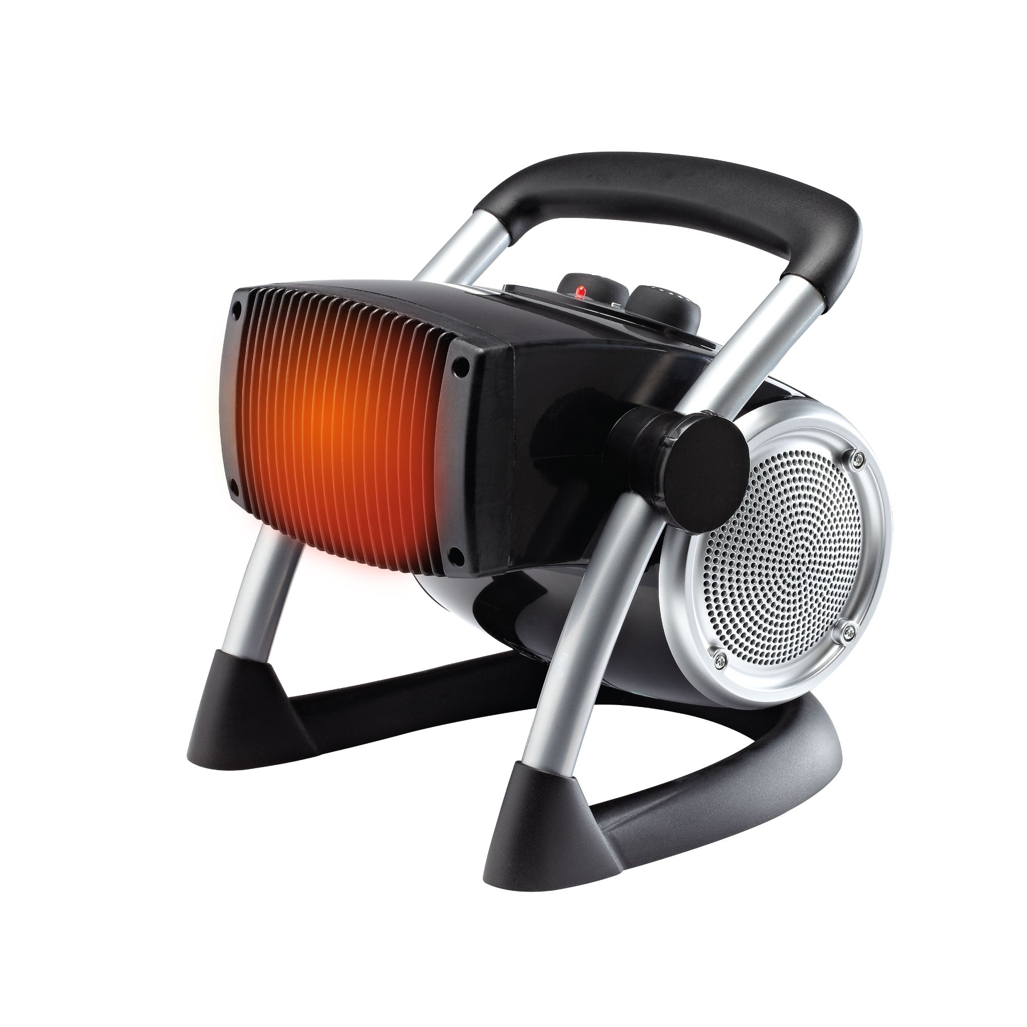 Black and silver Lasko 5919 ceramic utility heater with front air grille, rear circular fan grille, carry handle, feet and manual pivot joint