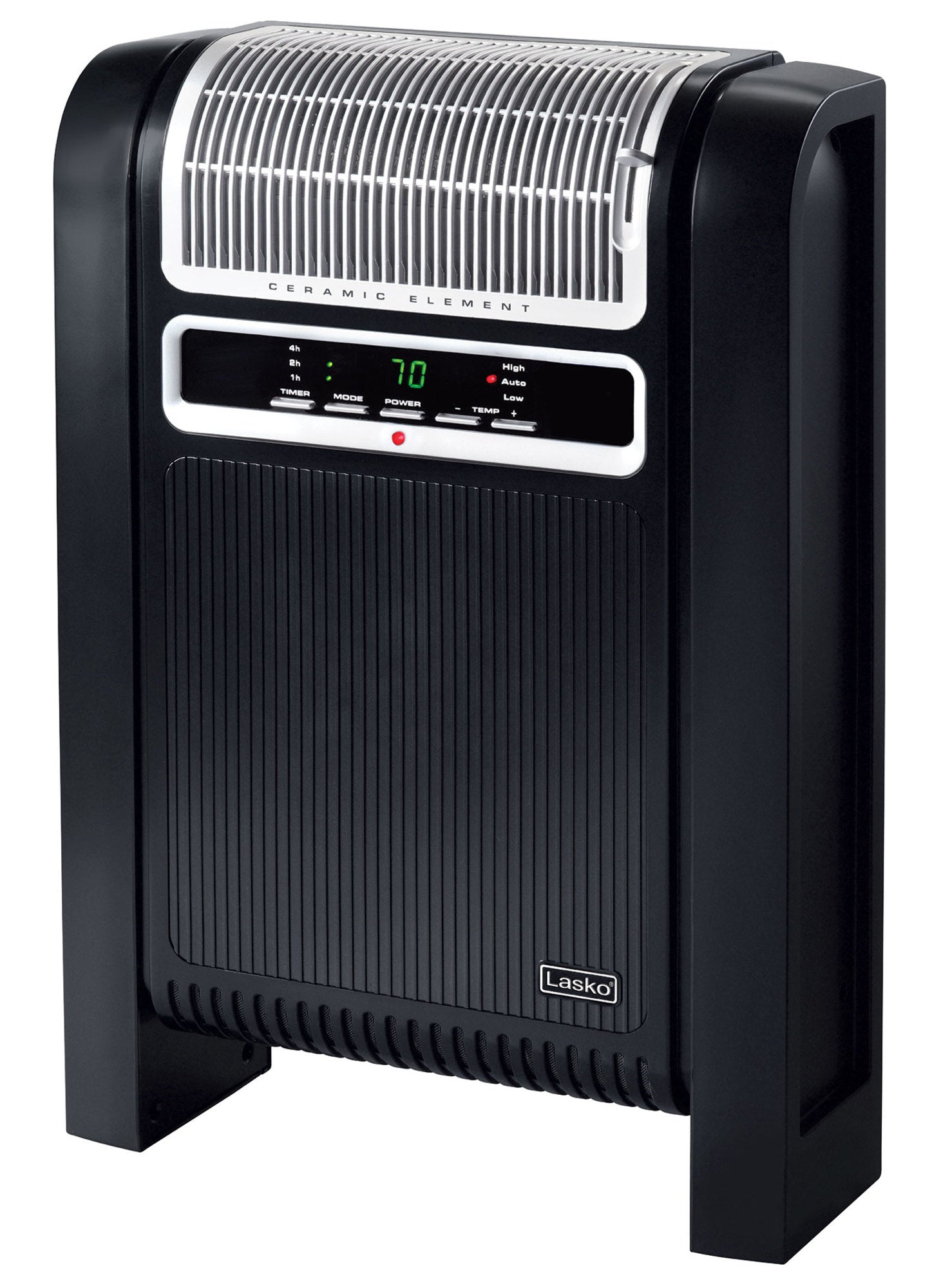 Black Lasko 6050 cyclonic ceramic console heater, front upper louver and digital controls