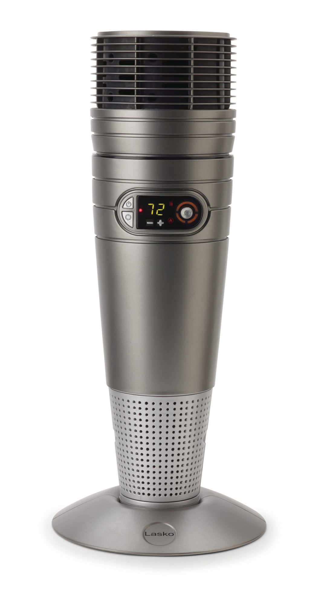 Gray Lasko 6451M ceramic tower heater with upper grille, digital controls and round base