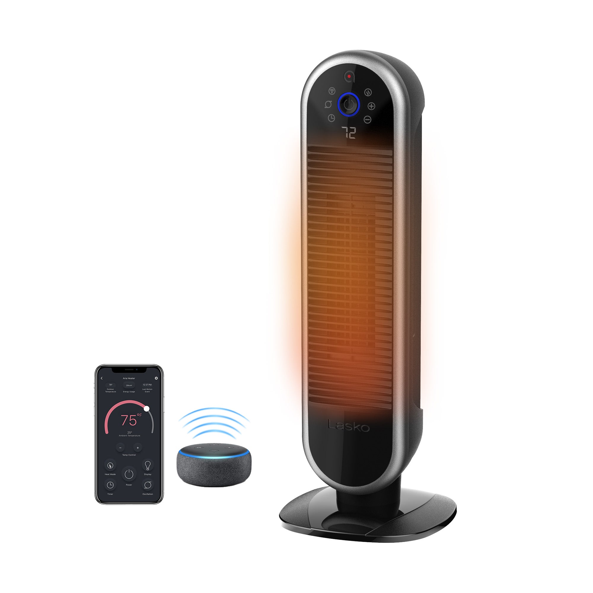 Black Lasko AR122 tower heater with touch display and front grille, shown beside a phone and voice-speaker control graphic