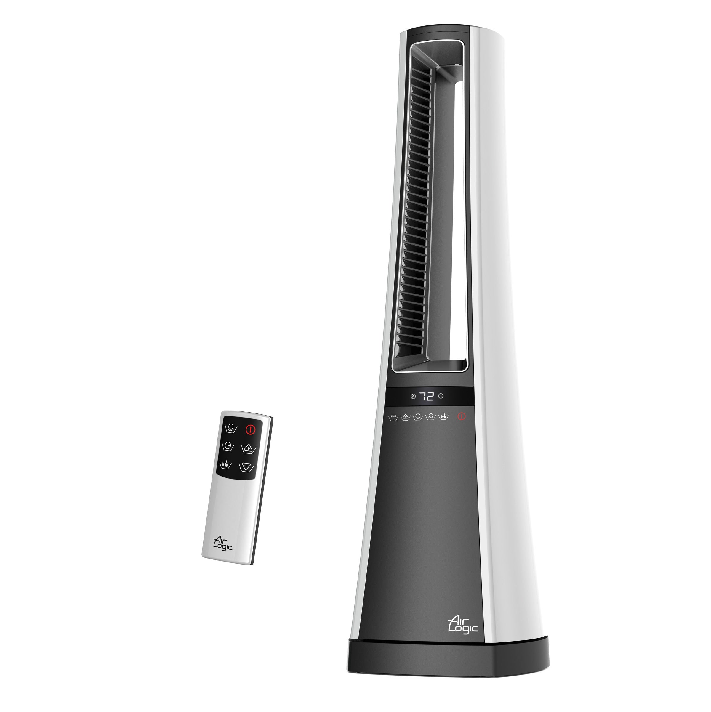 White AW300 ceramic tower with Air Logic face branding and included remote shown beside it