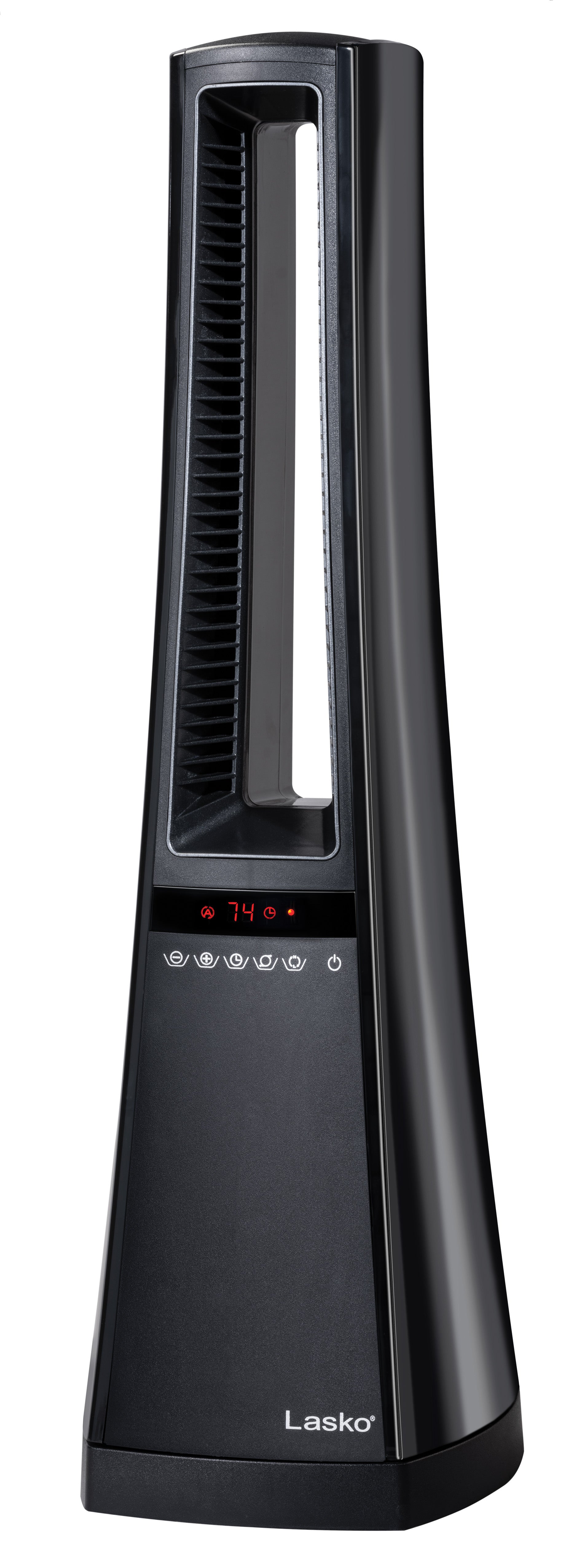 Black AW310 ceramic tower heater with Lasko face branding, central heat channel and lower digital controls