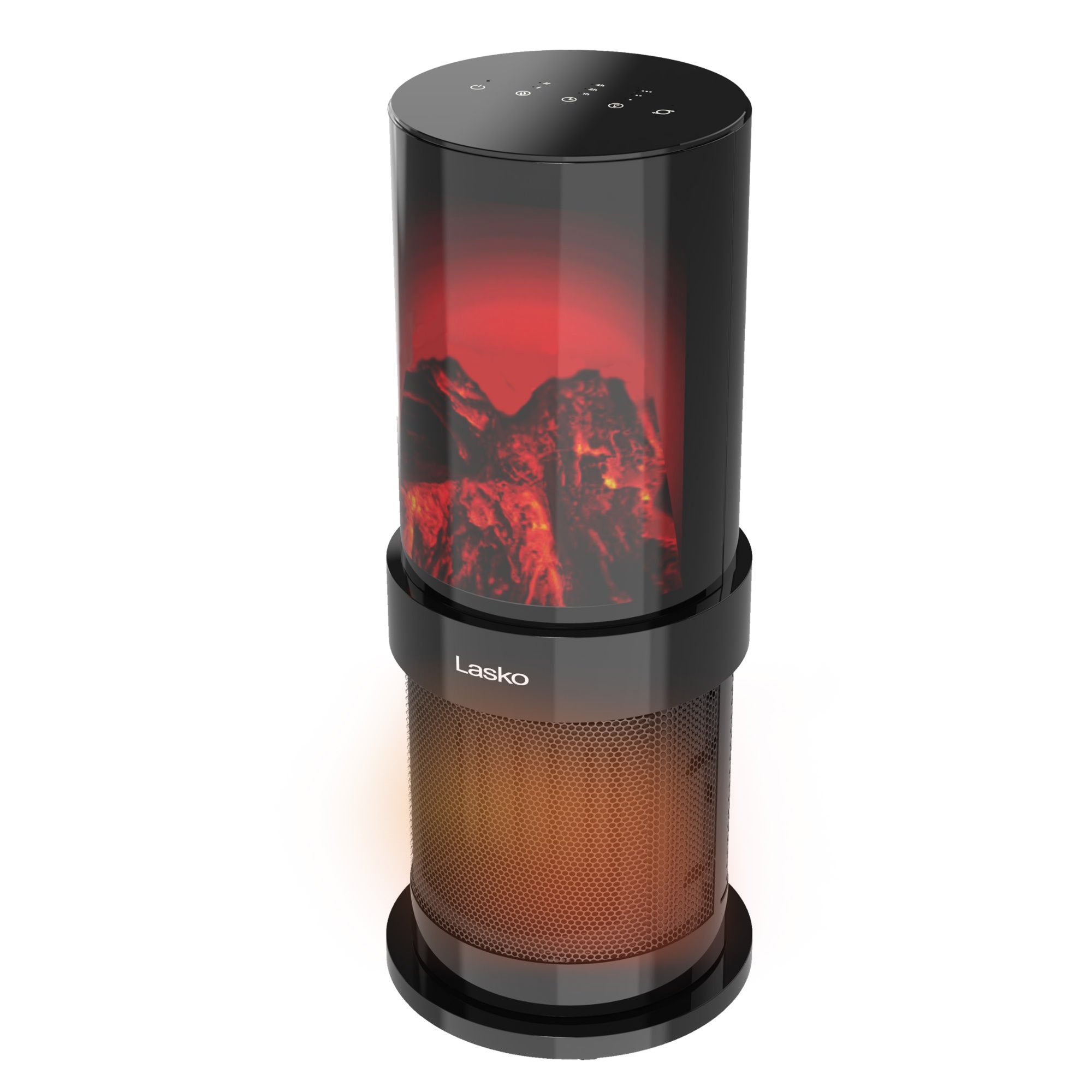 Black Lasko CA20150 20-inch ceramic tower heater with a 3D fireplace display