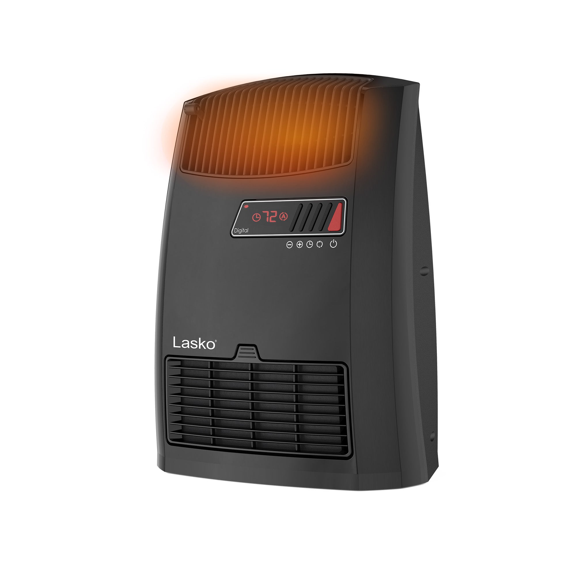 Black Lasko CC13700 ceramic console heater with front digital controls and upper louver grille