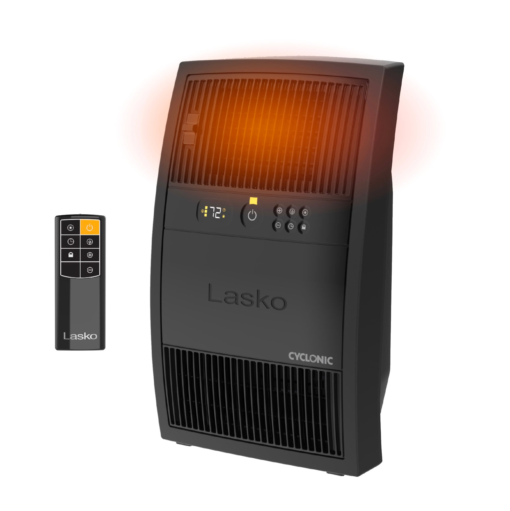 Black Lasko CC20125 ceramic console heater with front controls and its remote