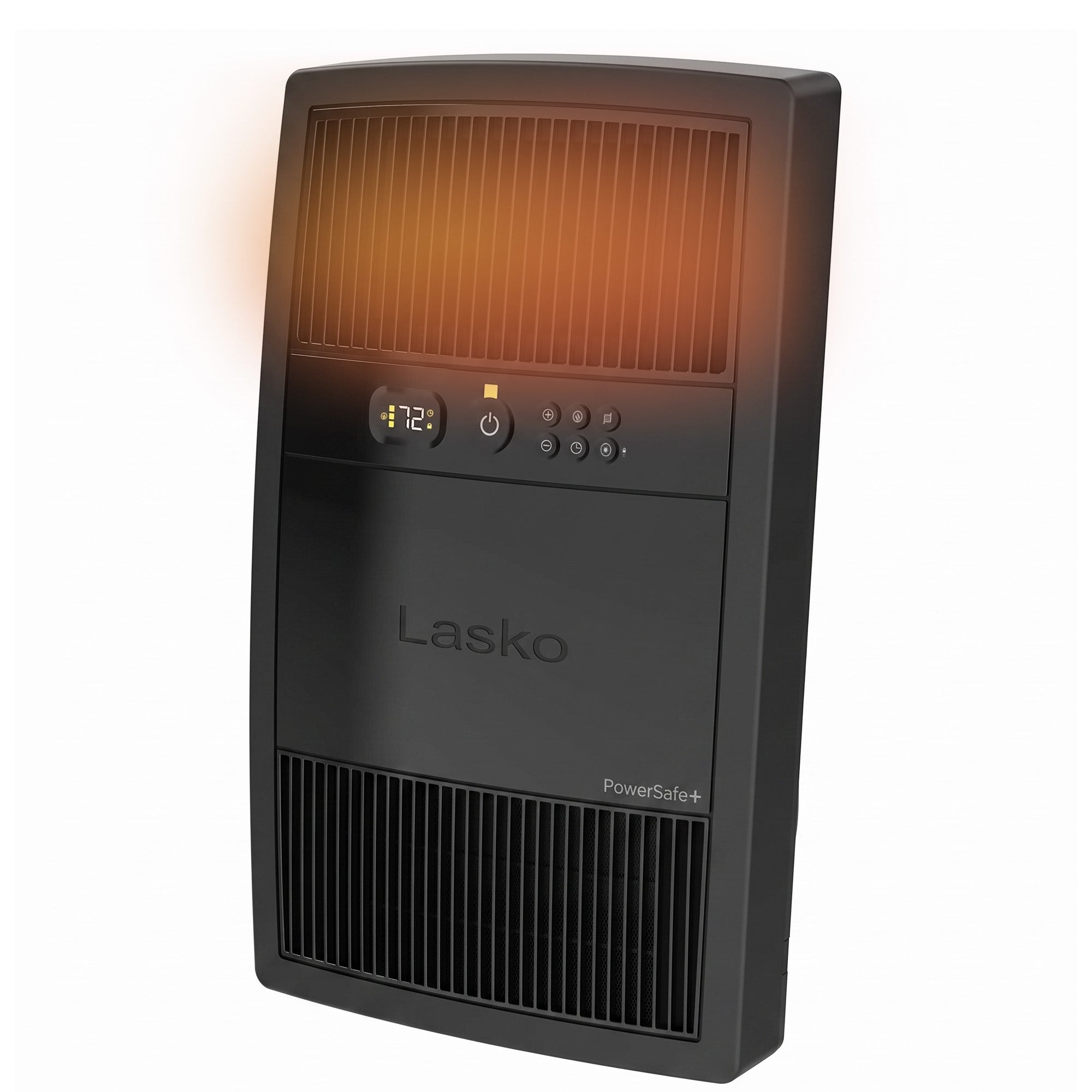 Black Lasko CC24810 upright ceramic console space heater with upper front outlet grille, central digital controls and lower intake grille