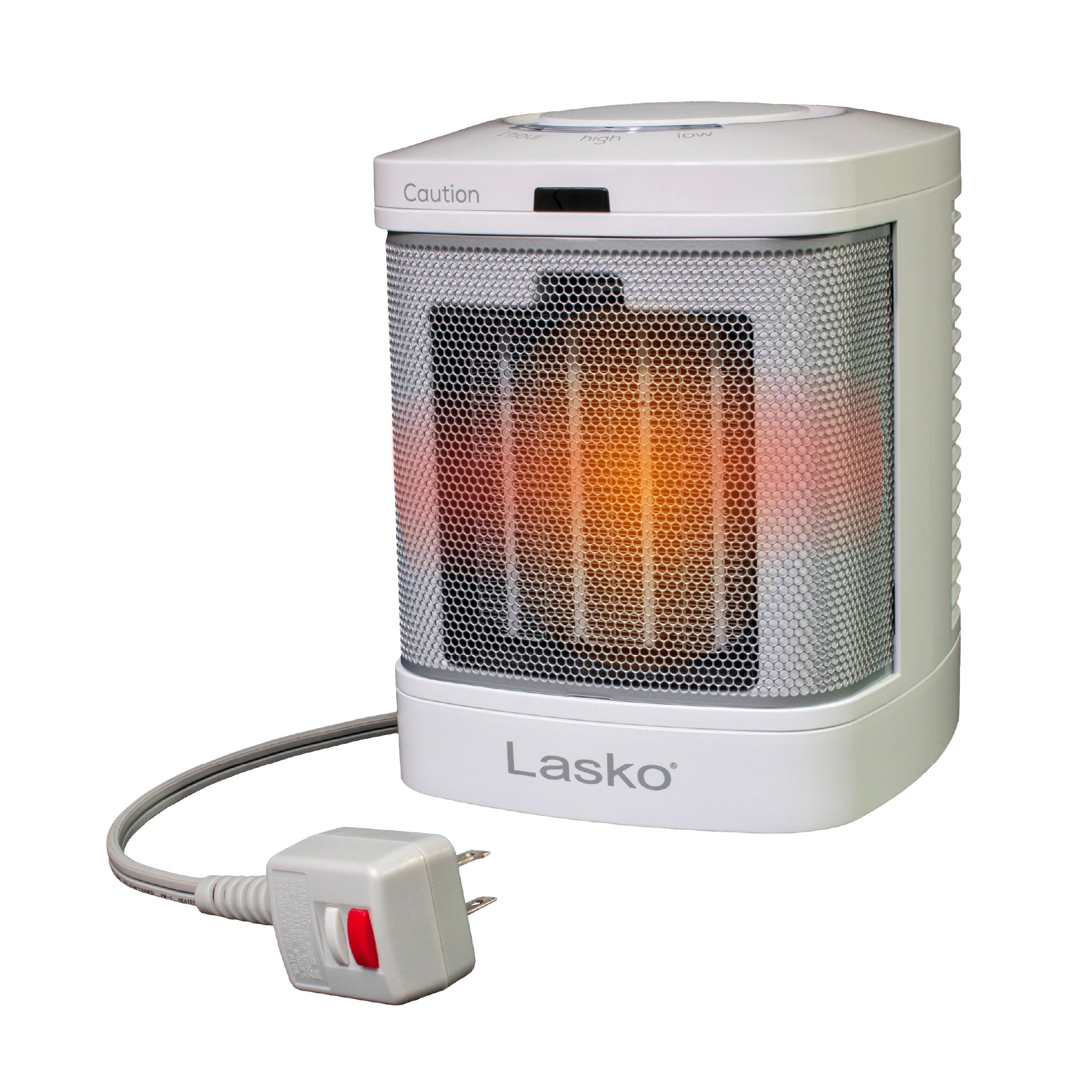 White Lasko CD08200 ceramic heater with a cord-mounted ALCI plug