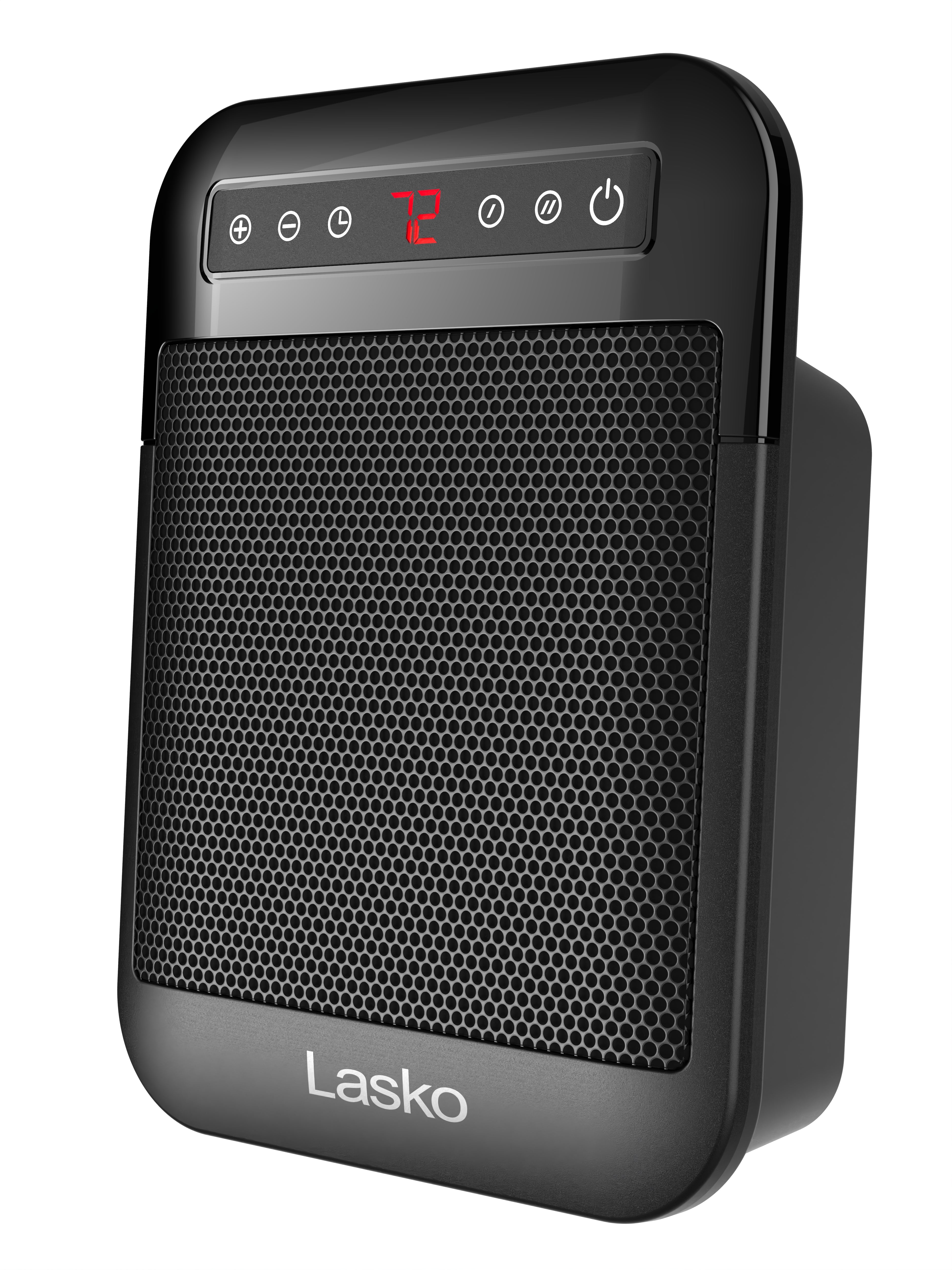 Black Lasko MyHeat Max CD09100 tabletop ceramic heater with front digital display and perforated grille.