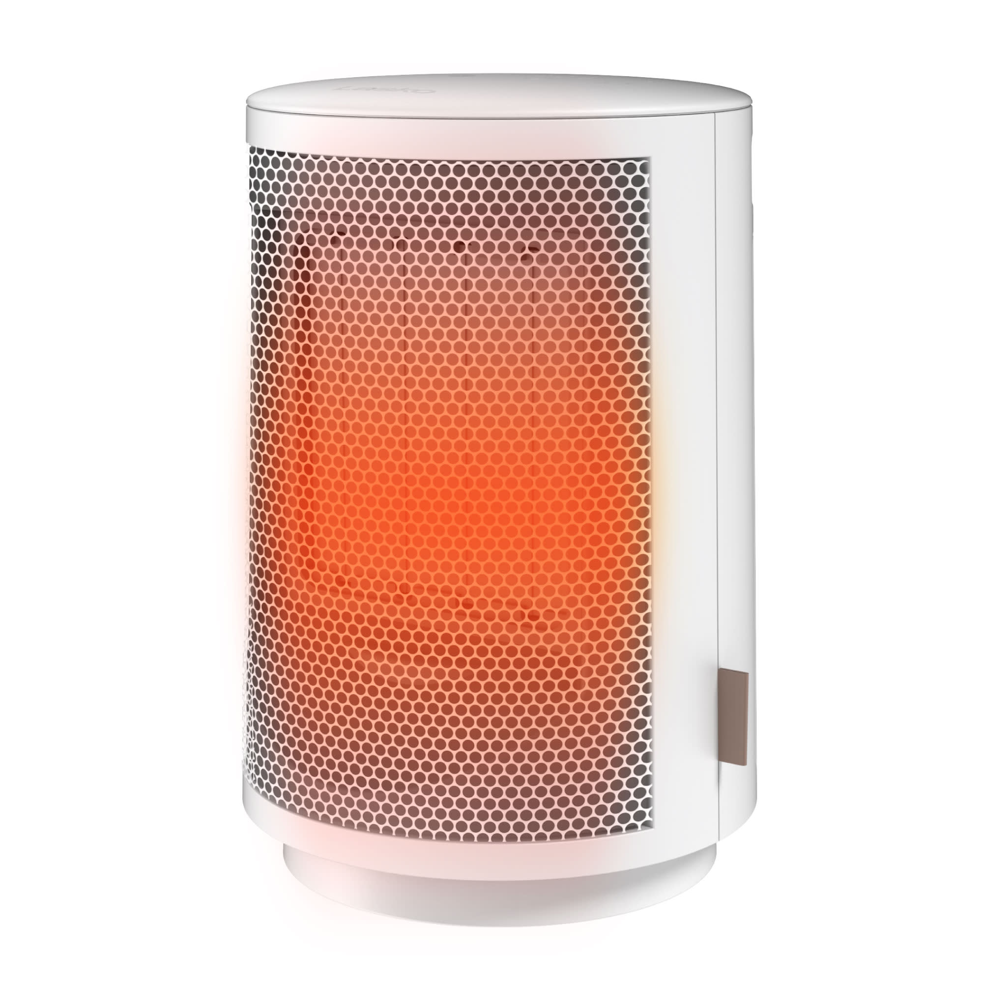 White Lasko CD09475 ceramic tabletop heater with perforated front grille and round base