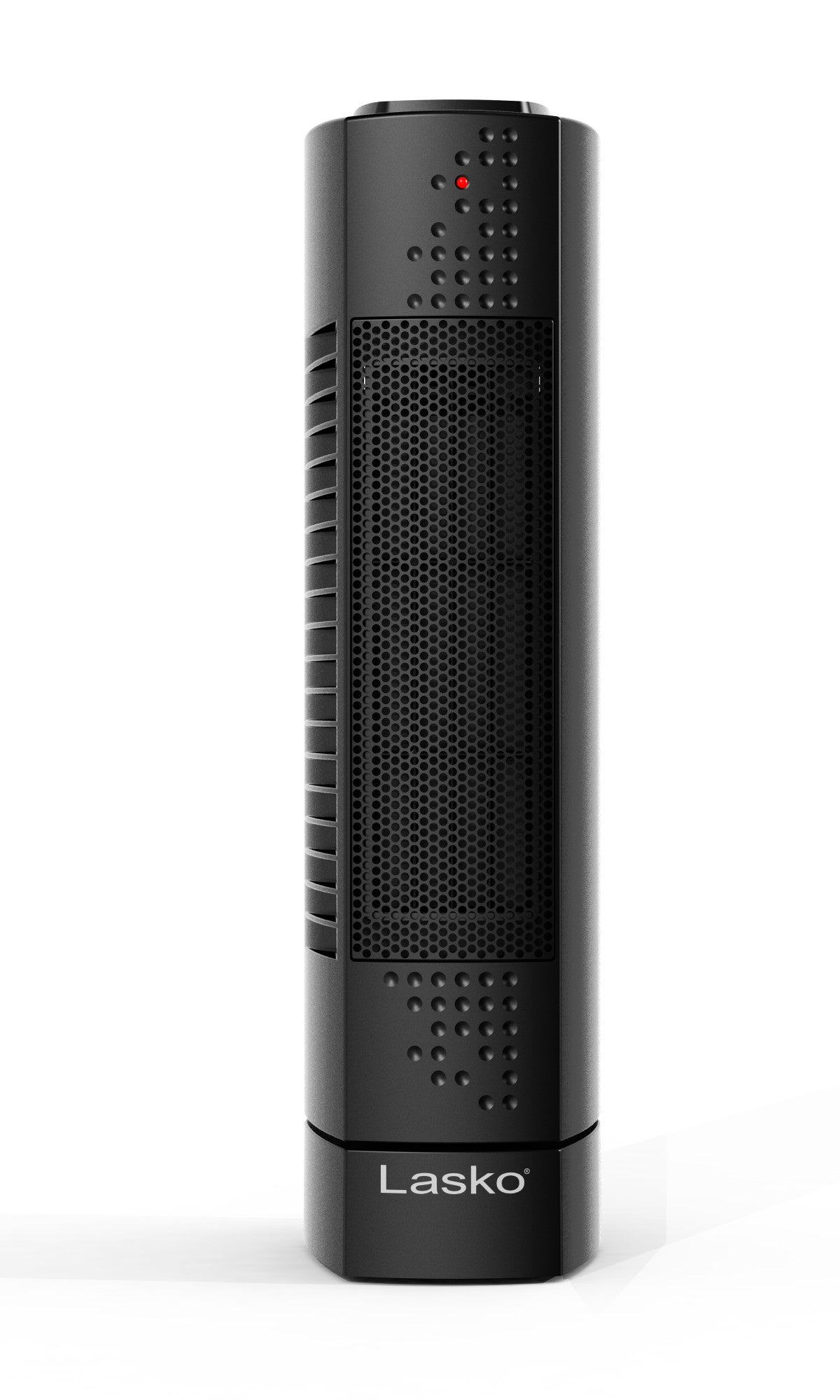 Black Lasko CT14101 tower heater, viewed from the rear with its vent grille and red indicator