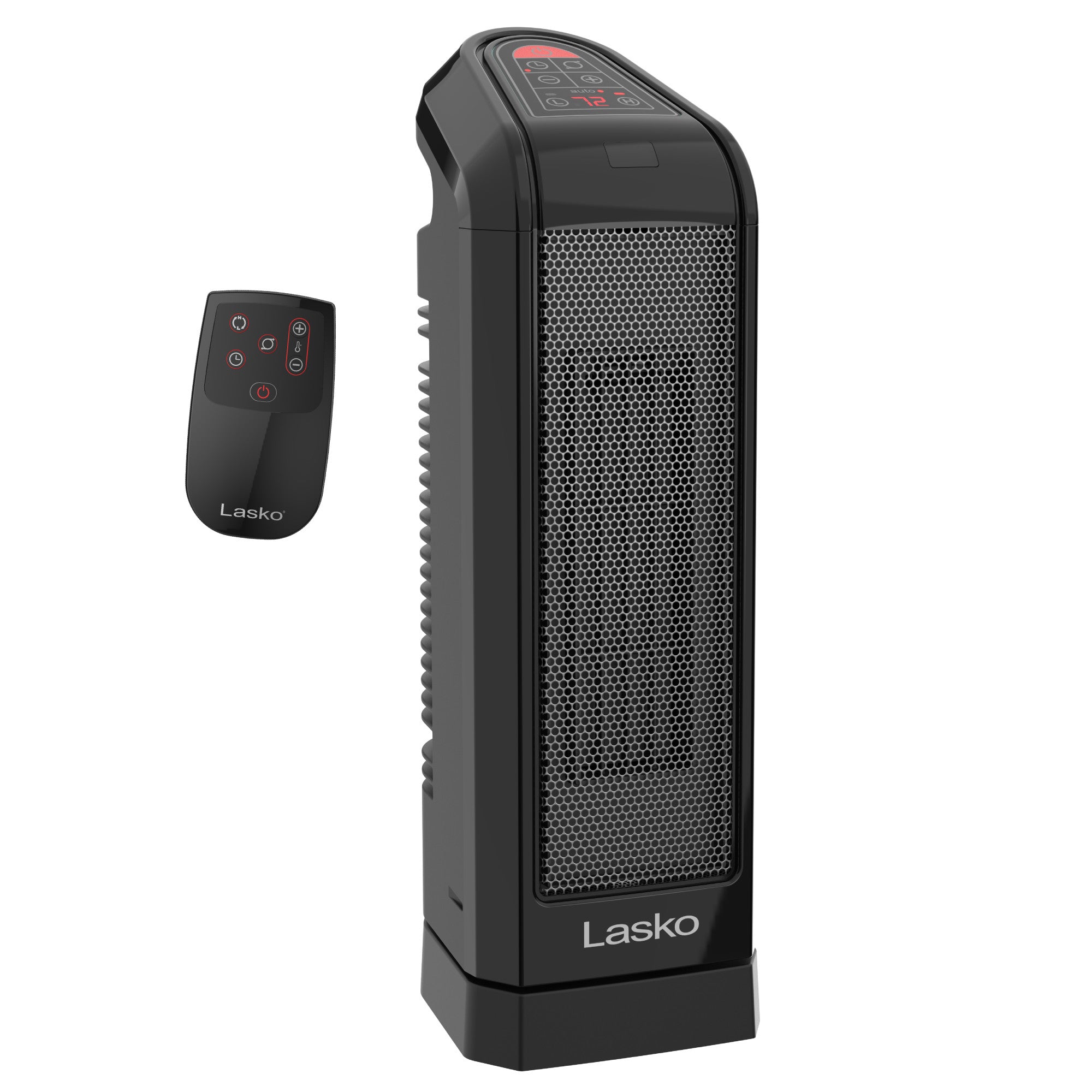 Black Lasko CT16670 ceramic tower space heater with front grille and top digital controls; black Lasko remote alongside