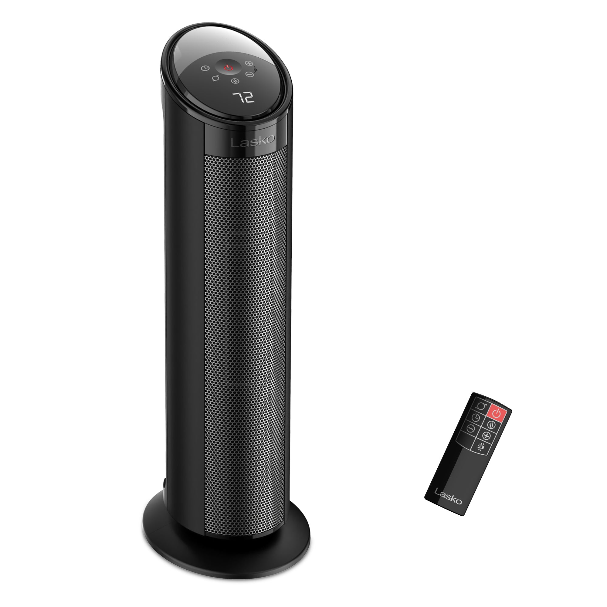 Black Lasko CT22495 ceramic tower heater with its remote on a white studio background